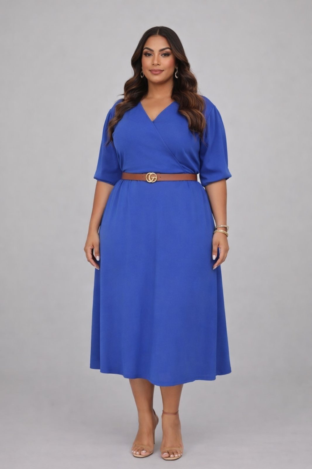 Imagem principal Vestido Midi Plus Size D Bell Outlet Fashion Gola V Com Cinto D BELL OUTLET FASHION roxo