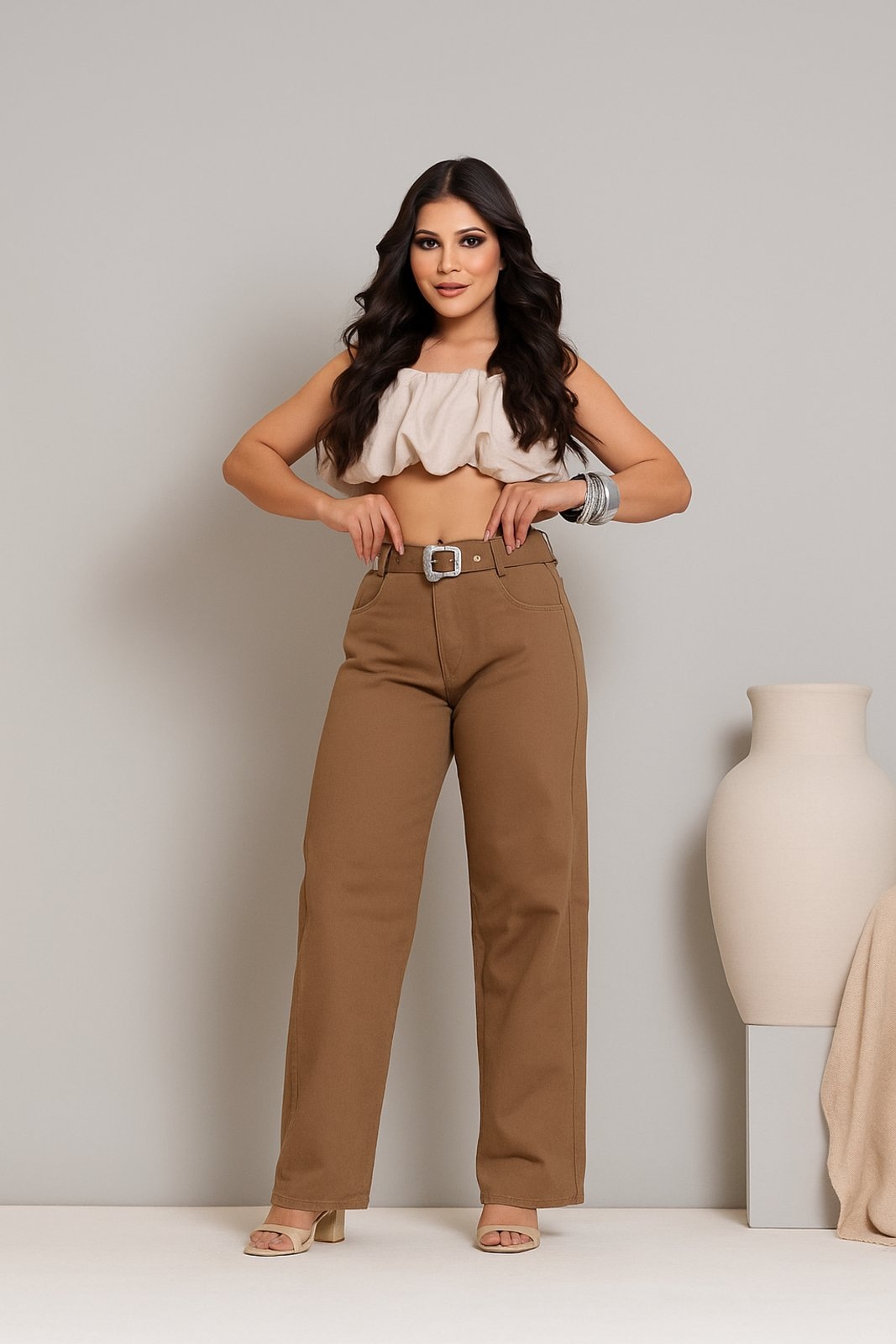 Imagem principal Calça Jeans Feminina D Bell Outlet Fashion Wide Leg Com Cinto D BELL OUTLET FASHION marrom