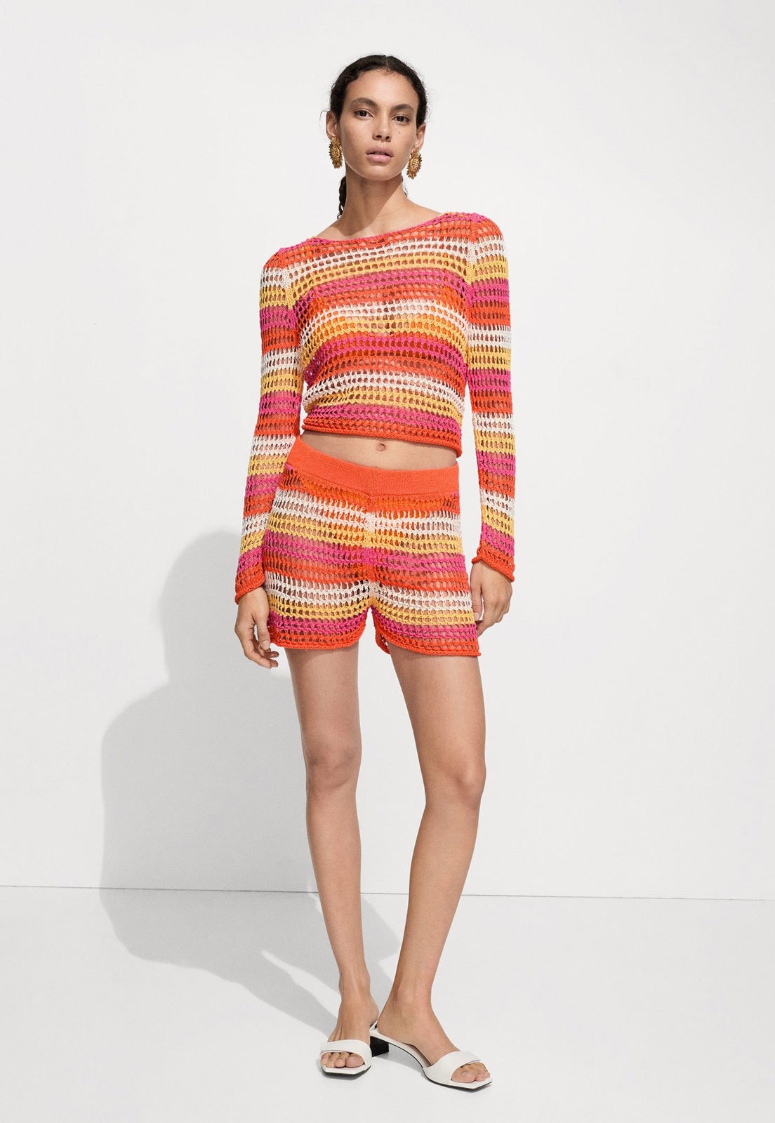 Imagem principal Short Tricot Mango Reto Listrado Vazado Mango laranja