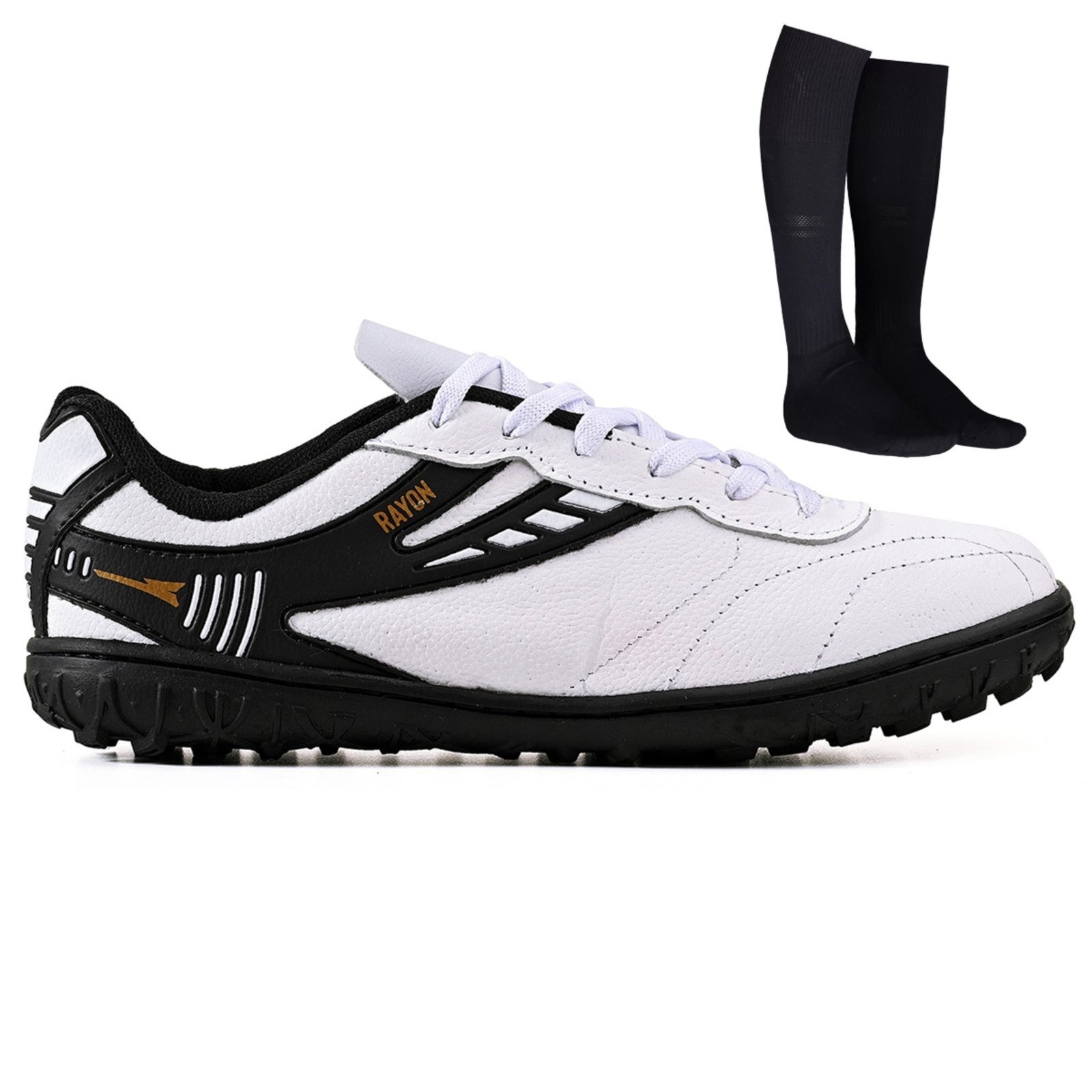 Imagem principal Chuteira Futebol Society Profissional Masculina em Couro Para Grama Sintetica + Meião CALCADOS LGHT LIGHT branco