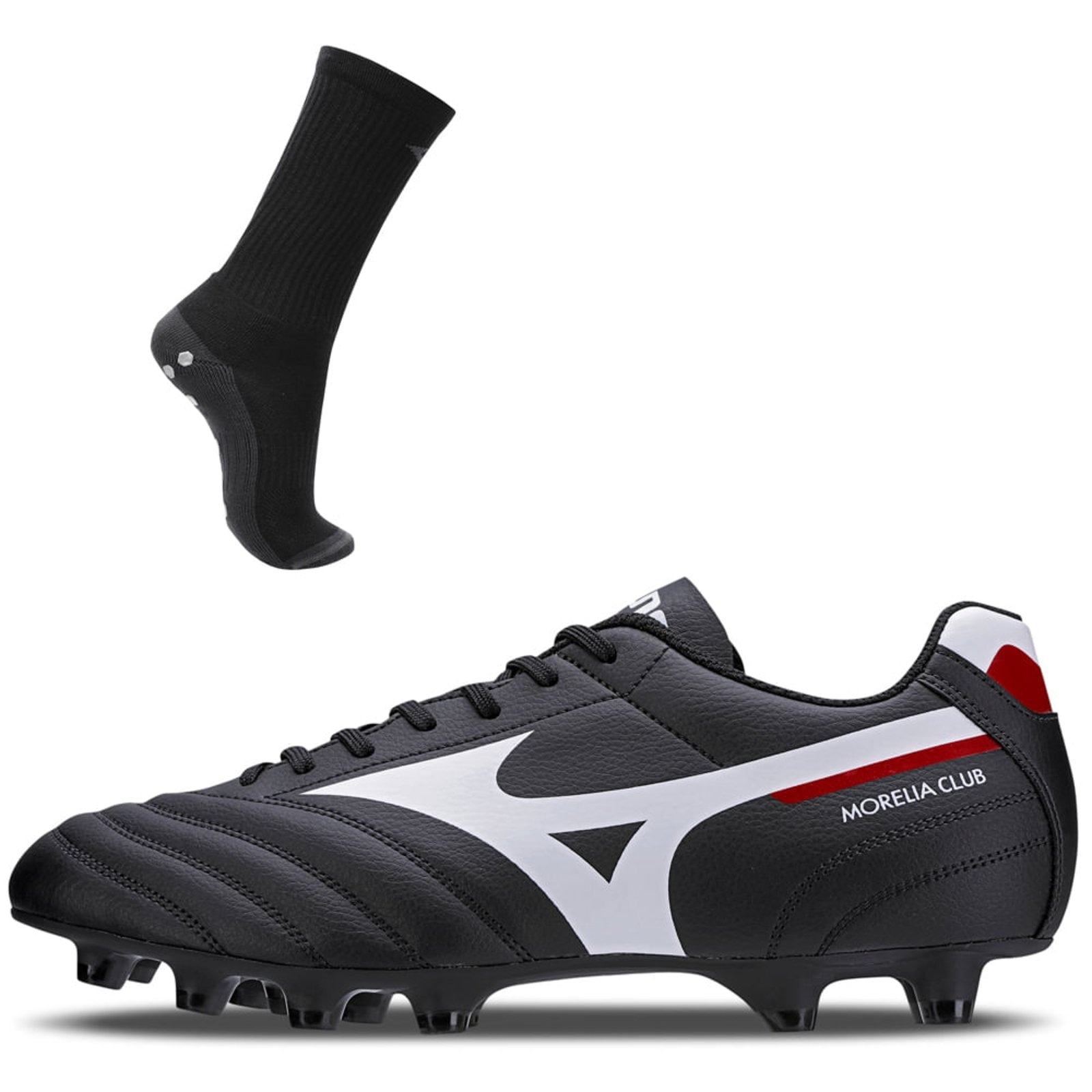 Imagem principal Kit 1 Chuteira Campo Masculina Mizuno Morelia Club MD e 1 Meia Antiderrapante Cano Médio Mizuno preto