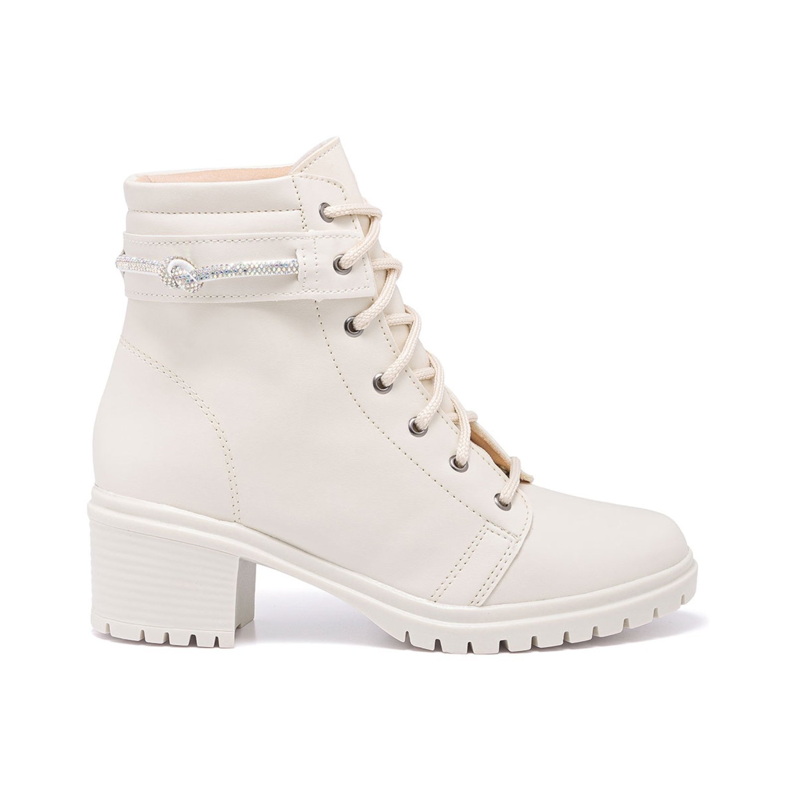 Imagem principal Bota Coturno Feminino Stessy Shoes Cano Baixo Salto Tratorada Brilho Off white Stessy Shoes off-white white