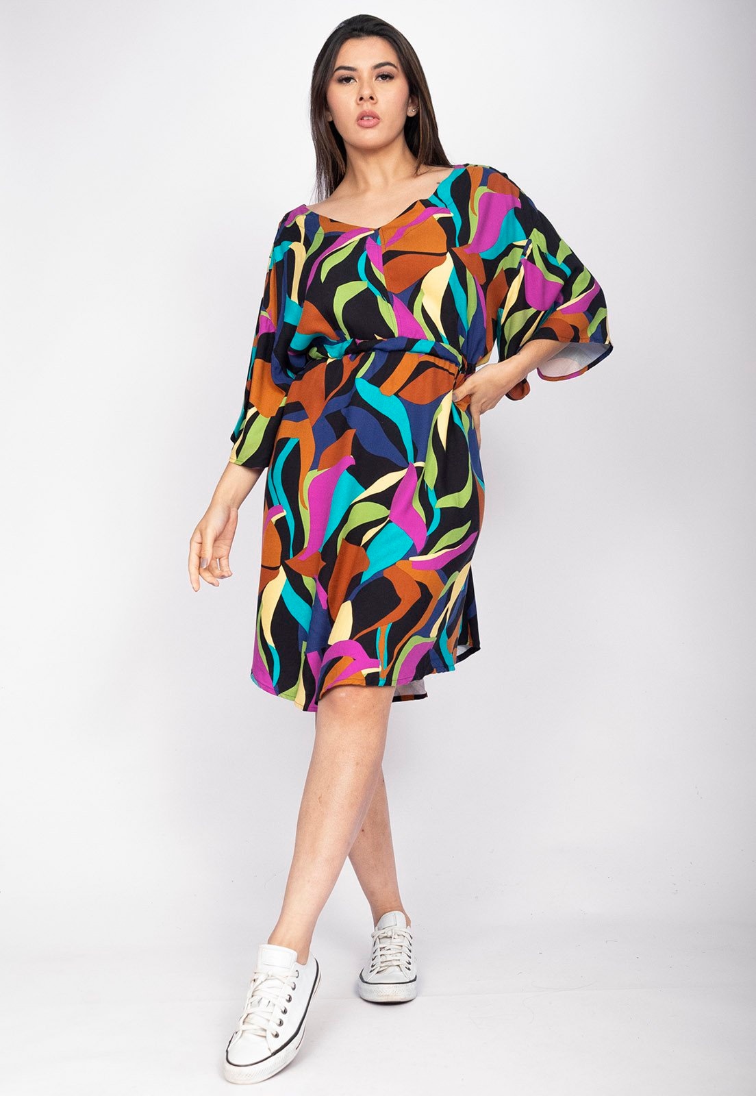 Imagem principal Vestido Curto CabanaFree Caaxixá Viscose com Cordão na Cintura Estampa Aurora Urbana Cabanafree azul/estampado/marrom/roxo