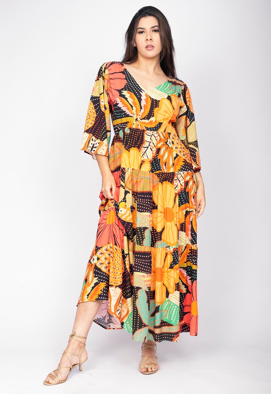 Imagem principal Vestido Longo Amazonia Vital Plano com Manga e Camadas Estampa Jardim do Verão Amazonia Vital azul/coral/estampado/rosa/rosê/vermelho