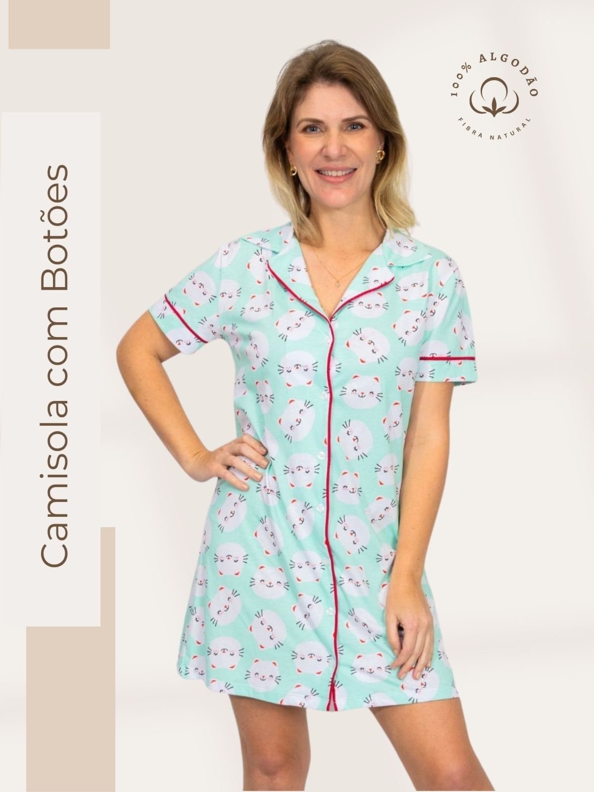 Imagem principal Camisola Piante Algodão Feminina Americana Manga Curta Gatinhos Piante verde