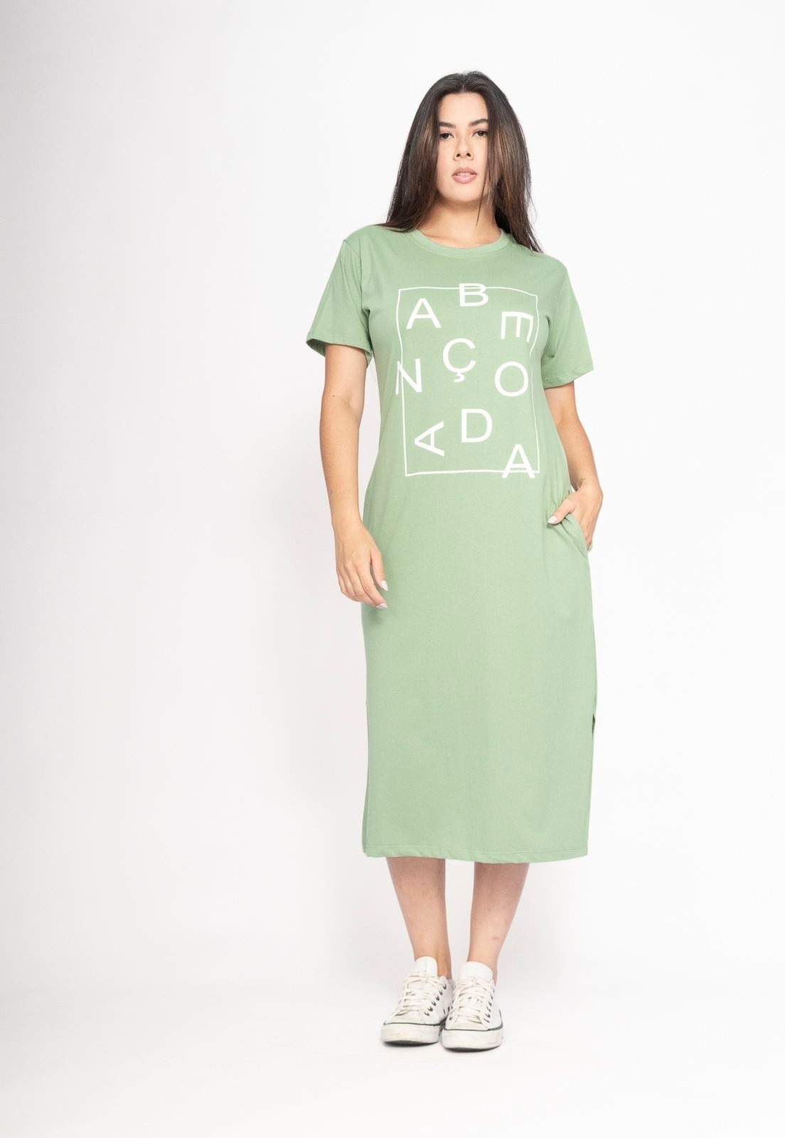 Imagem principal Vestido CabanaFree Midi Algodão Manga Curta Moda Evangélica Folha Serena Cabanafree verde