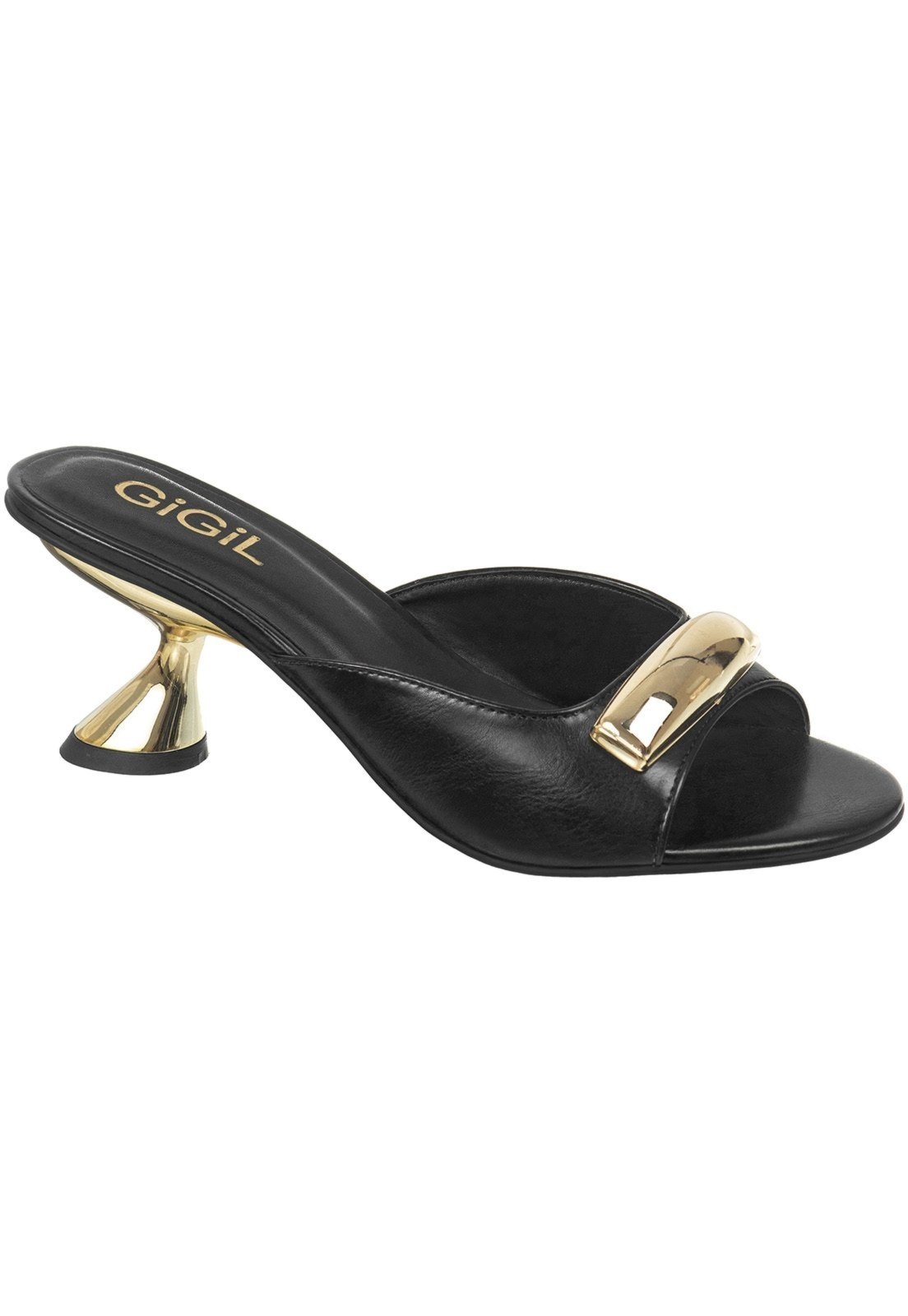 Imagem principal Sandália Feminina GiGiL Tamanco Mule Salto Alto Taça Metalizado Enfeite Tira Dourado Elegante Gigil preto