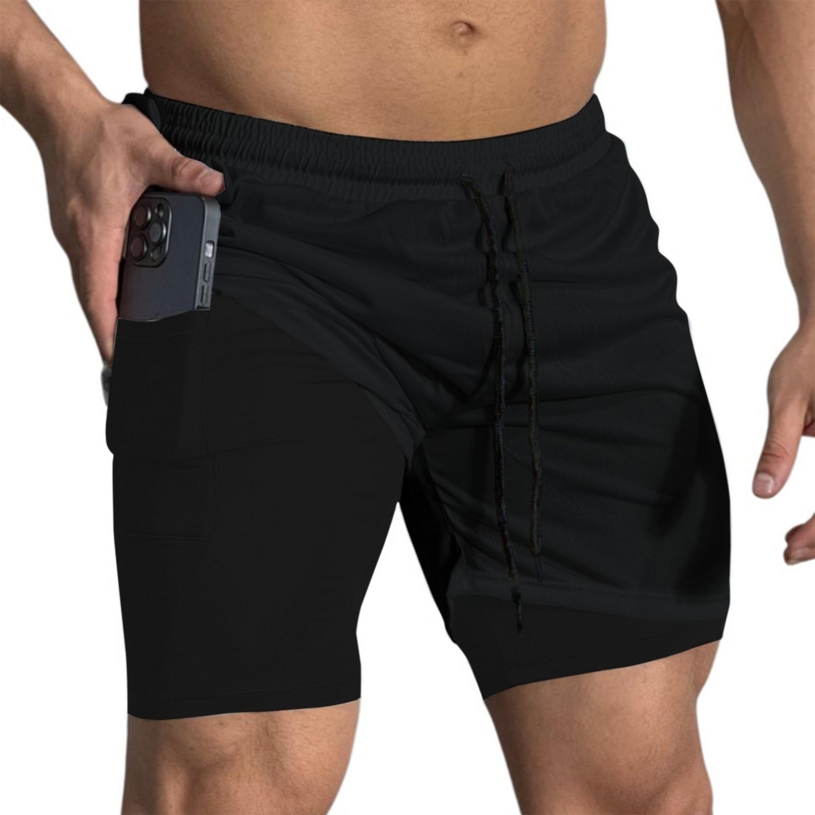 Imagem principal Short Treino Dry Térmico 2 em 1 com Bolso para Celular e Porta-Toalha Calção Fitness Academia Relaxado preto