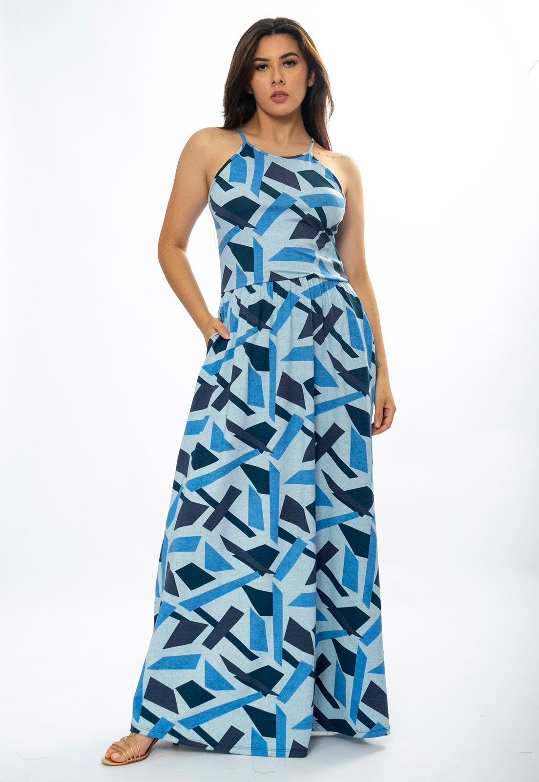 Imagem principal Vestido Amazônia Vital Longo Jennifer Malha Trapézio com Bolso Caminhos de Azul Amazonia Vital azul marinho/estampado