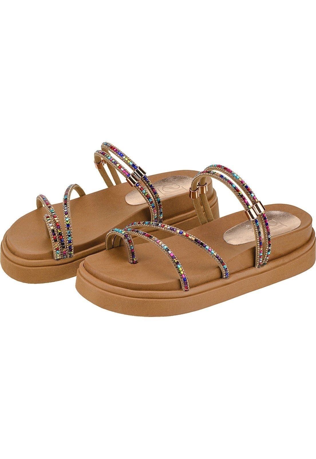 Imagem principal Sandália Birk Pedraria Colorida Strass de Brilho Micro Manta Papete Flatform Confort 7026 Damasco LÓRIS SHOES caramelo