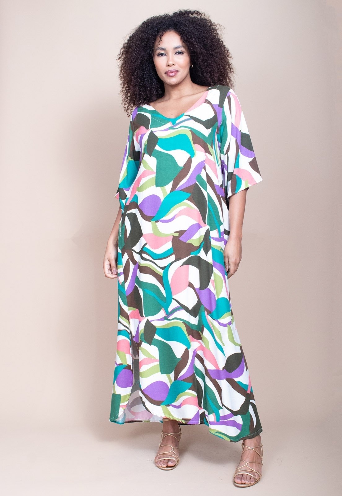 Imagem principal Vestido Cabanafree Midi Abapã Plano com Bolso Estampa Encanto Botânico Cabanafree estampado/off-white/rosa/verde