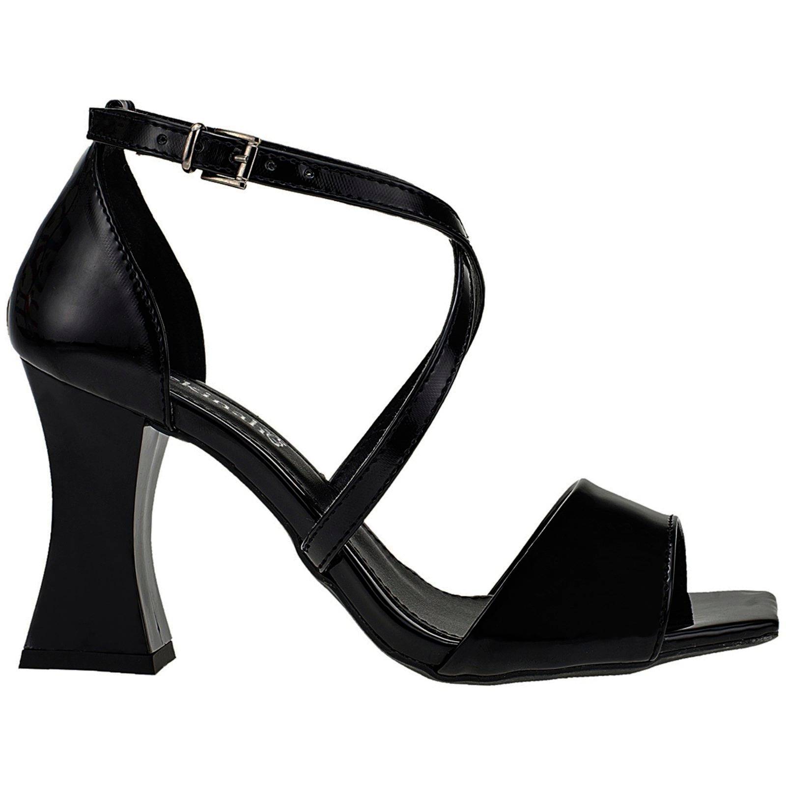 Imagem principal Sandália Feminina Salto Alto Geométrico Taça Shekinah Tiras Cruzadas Verniz Shekinah preto