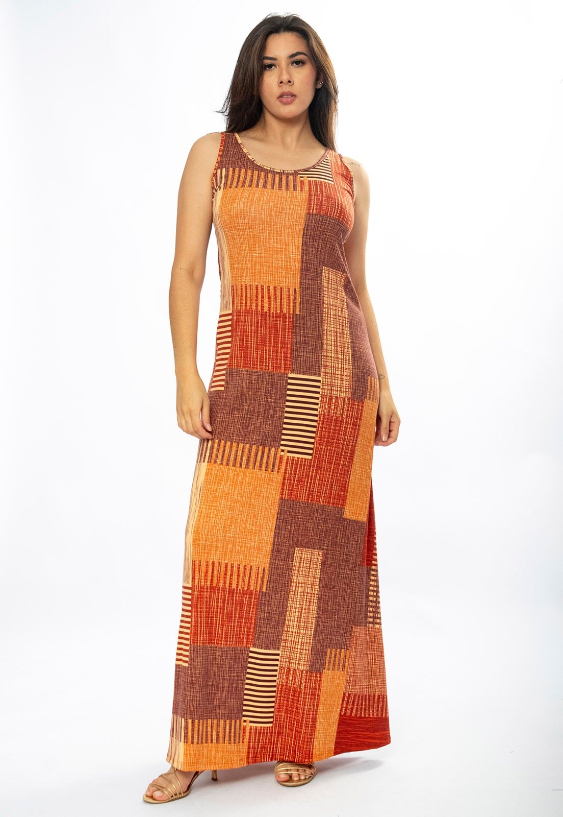 Imagem principal Vestido Longo Amazônia Vital Butiá Malha Regata Estampa Tramas do Sol Amazonia Vital bege/marrom/vermelho