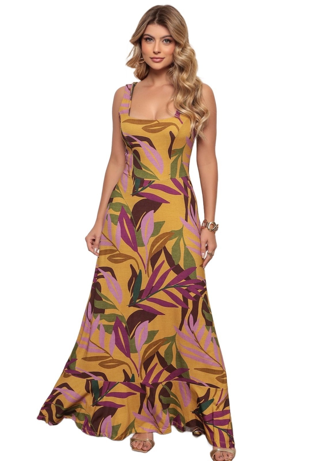 Imagem principal Vestido Fluido Longo Dellamarca Casual Estampada Mostarda Dellamarca dourado/estampado