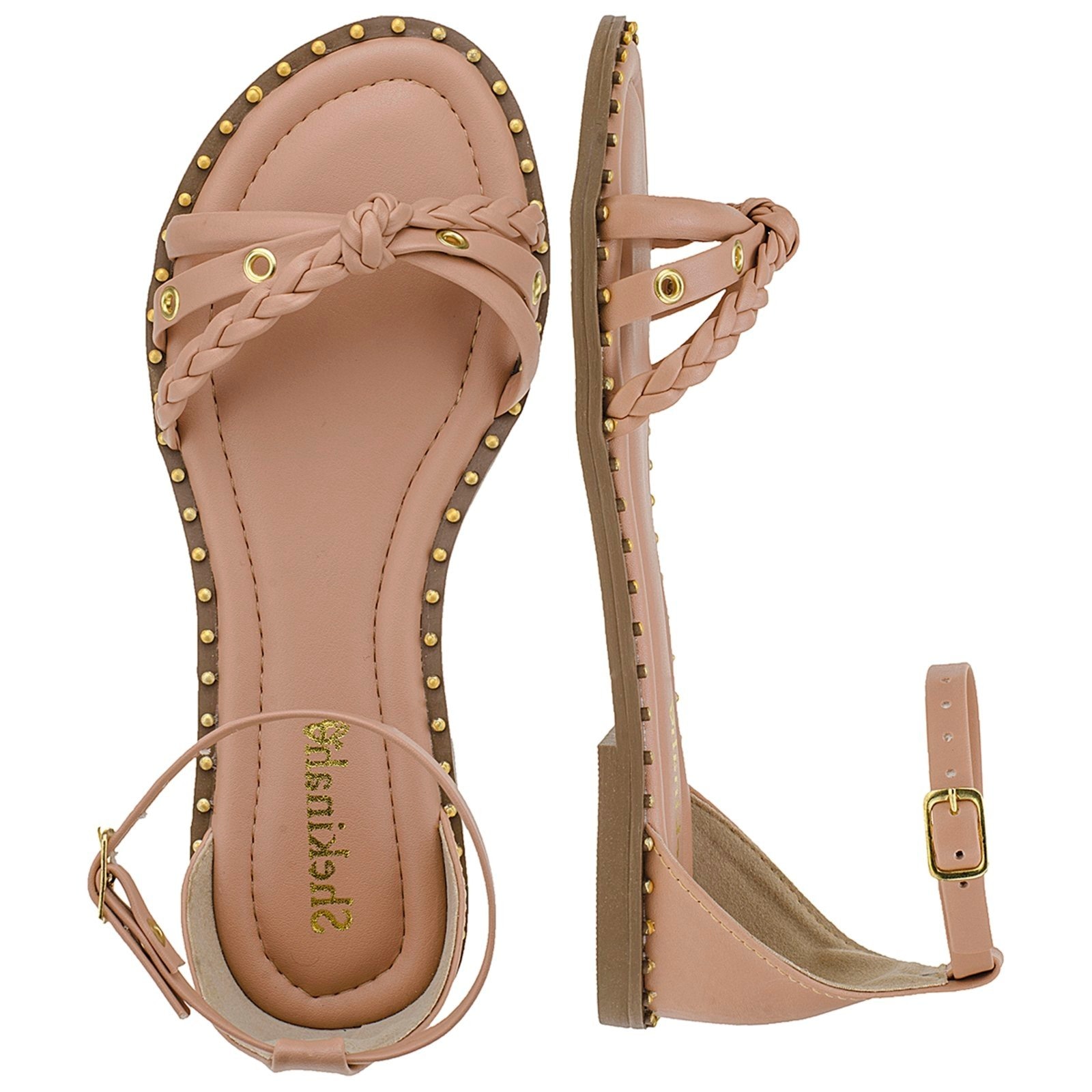 Imagem principal Rasteira Feminina Rasteirinha Shekinah Sola Com Tachas Tranças Shekinah nude