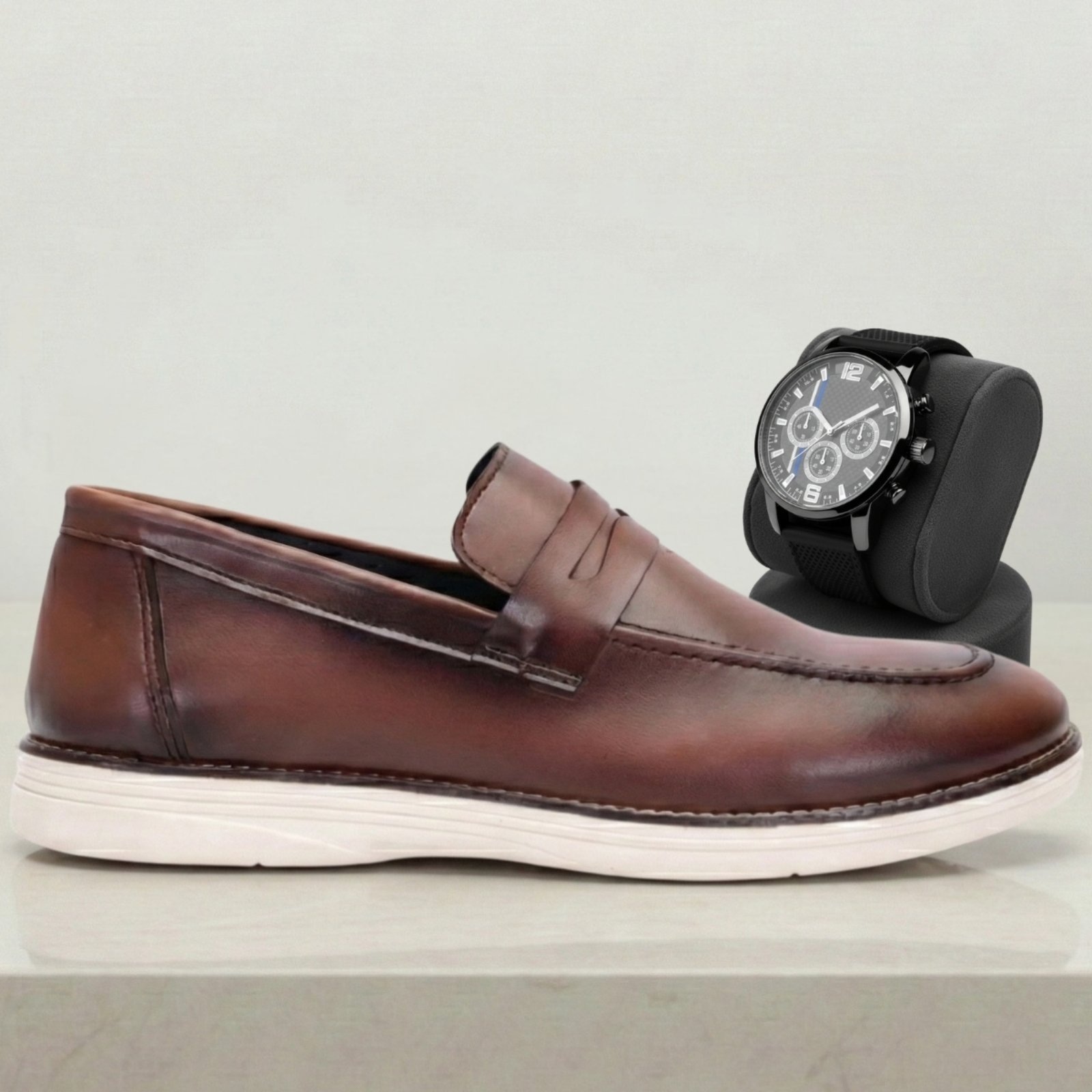 Imagem principal Sapato Social Masculino Mocassim Loafer Kit Relogio Sapatofran Casual Social Calce Fácil Conforto Havana Sapatofran marrom