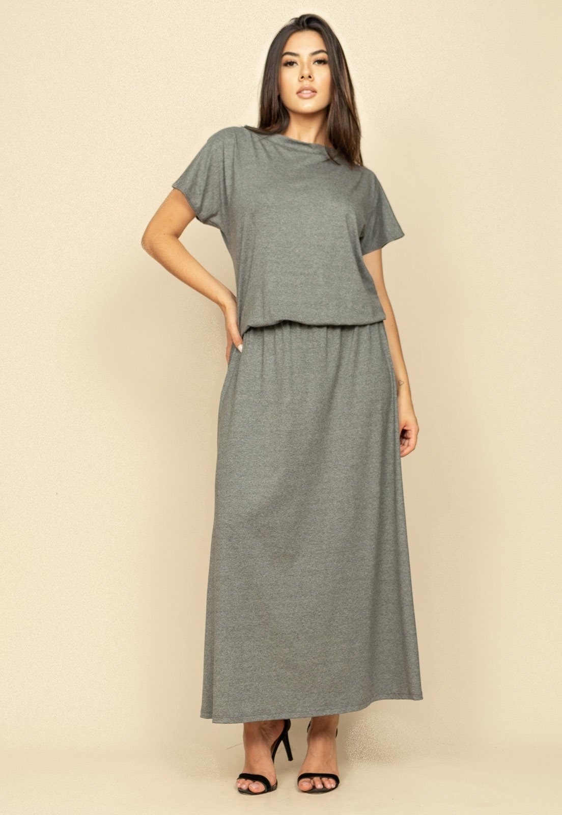 Imagem principal Vestido Longo Morcego Malha Mescla Amazonia Vital cinza