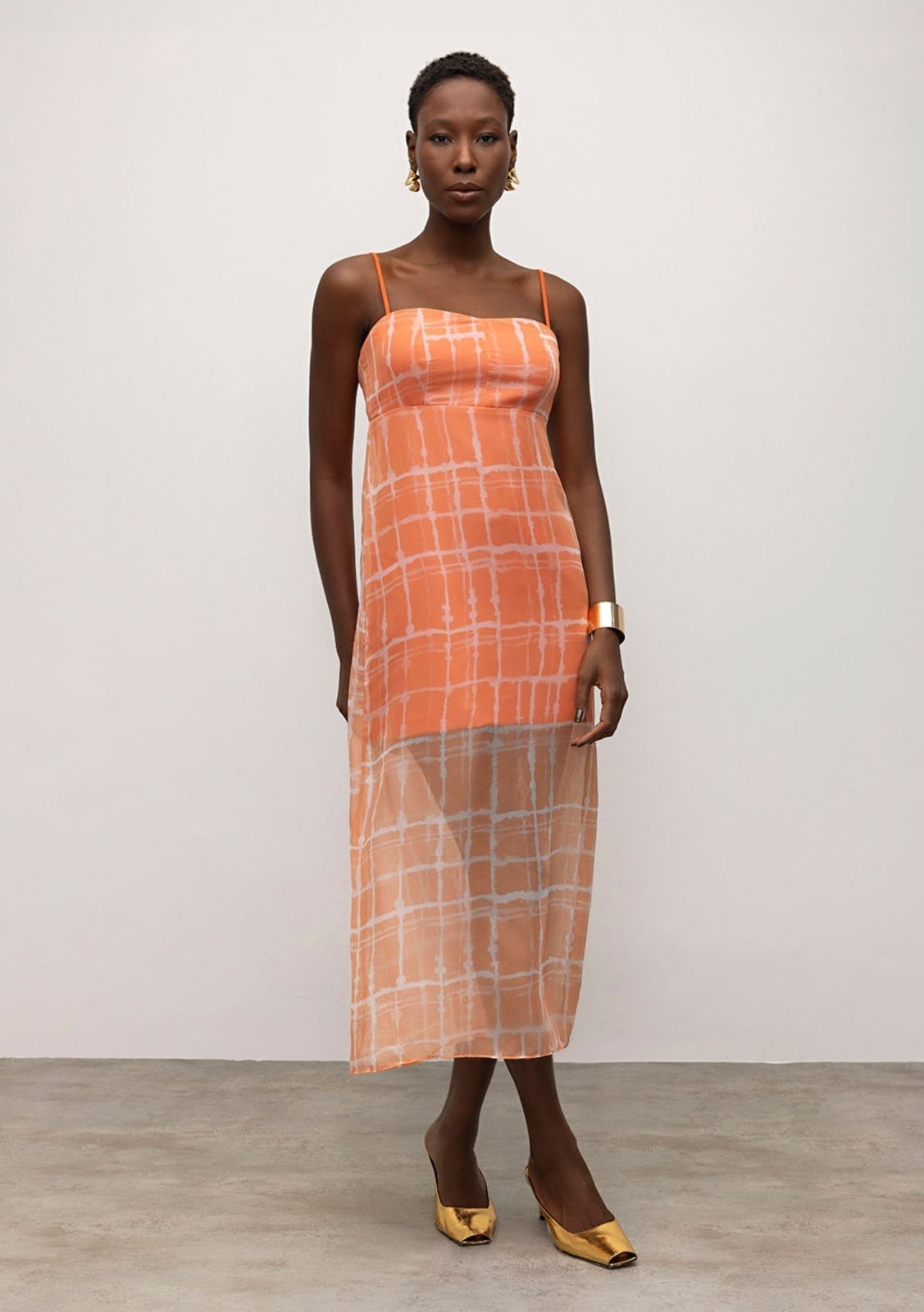 Imagem principal Vestido Iódice Midi Decote Reto Com Sobreposição IÓDICE laranja