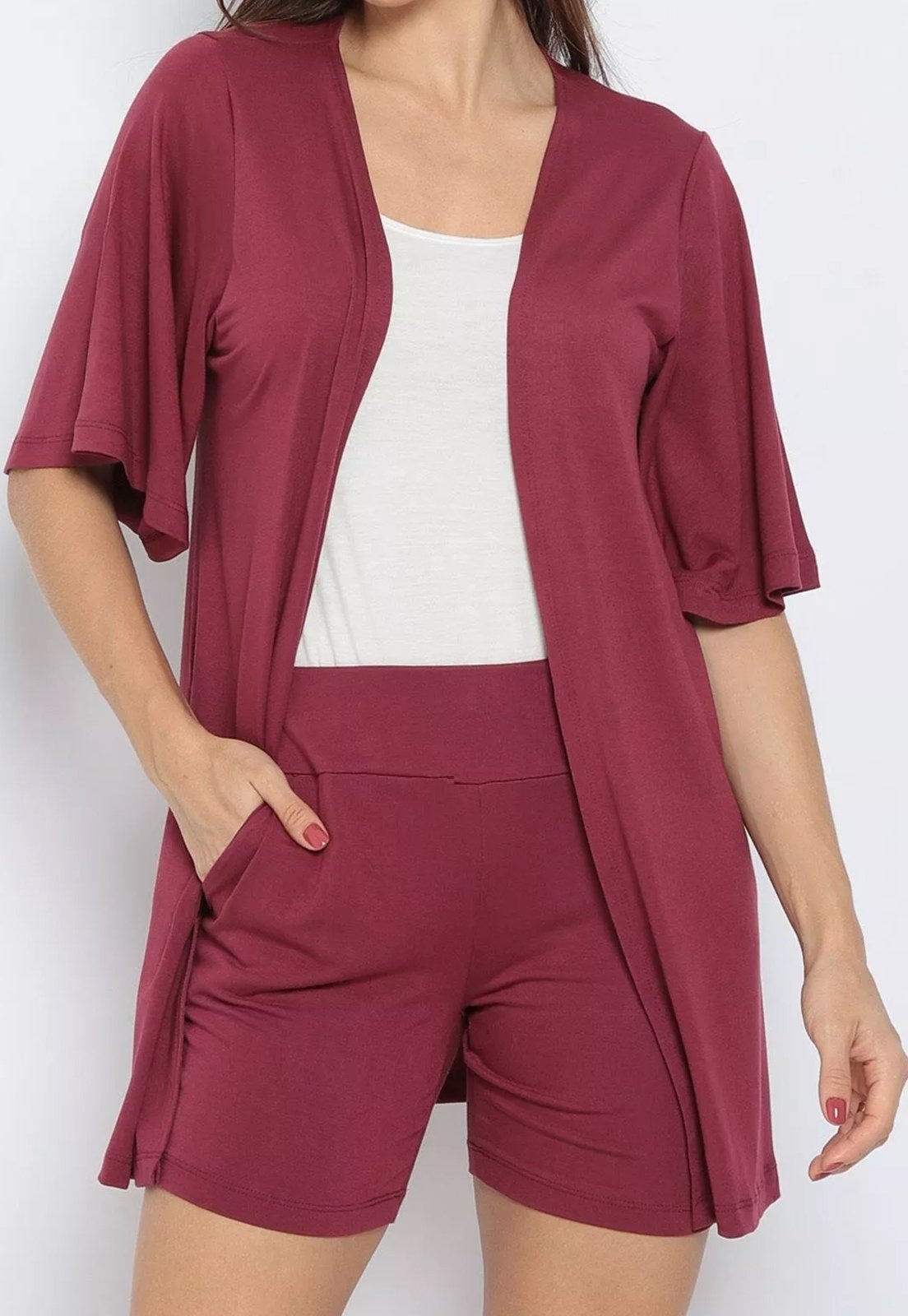 Imagem principal Conjunto Maria Paes Short, Kimono e Regata Vinho e Off White Maria Paes off-white/vinho white