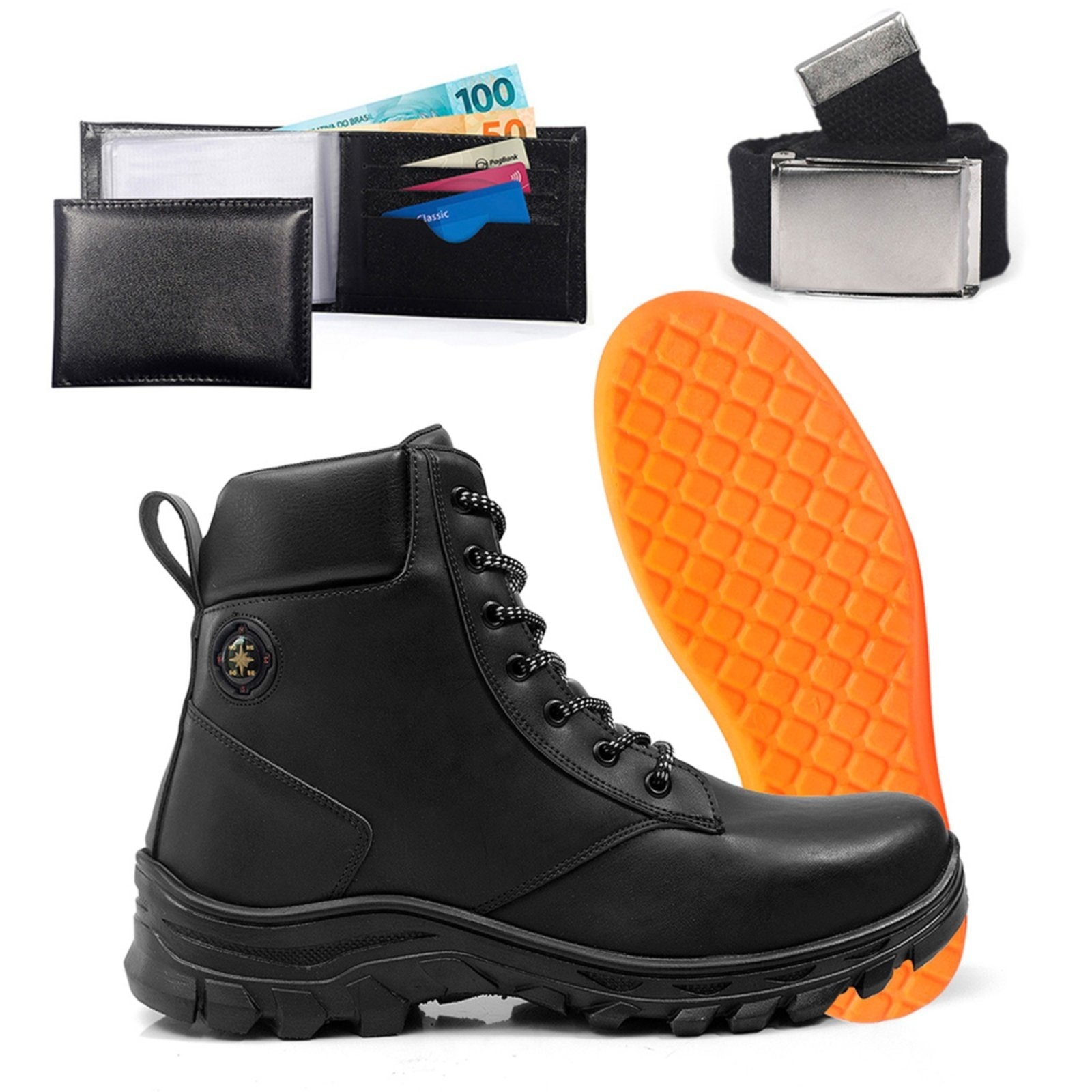 Imagem principal Bota Adventure Masculina Com Carteira Cinto Palmilha Gel Coturno Trilha Resistente Confortavel Preta BREDENI preto