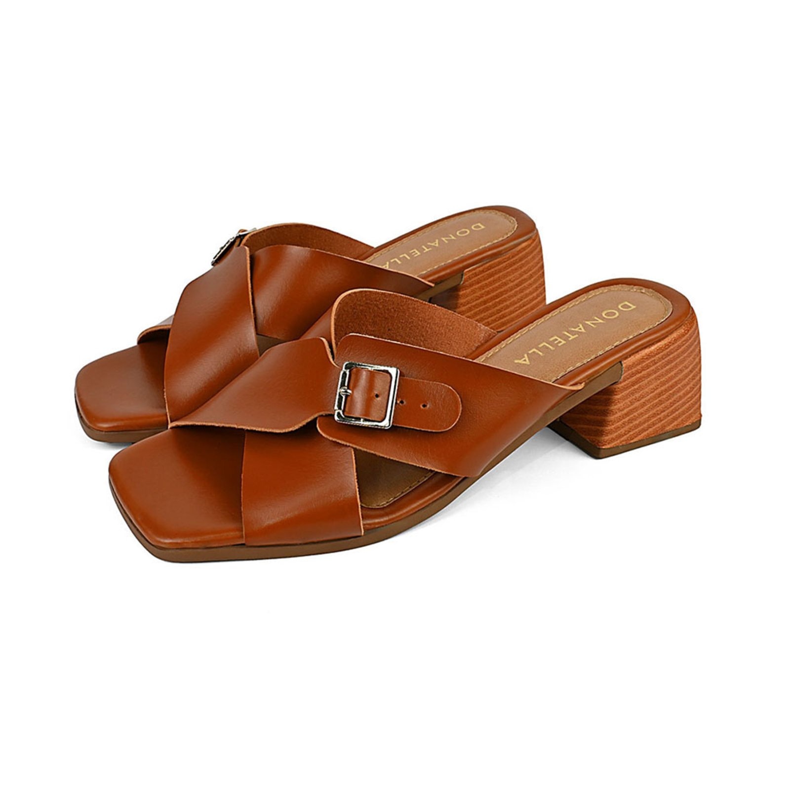 Imagem principal Sandália Feminina Tamanco Salto Bloco Donatella Shoes Saltinho Estilo Madeira Fivela Dourada Monte Shoes caramelo