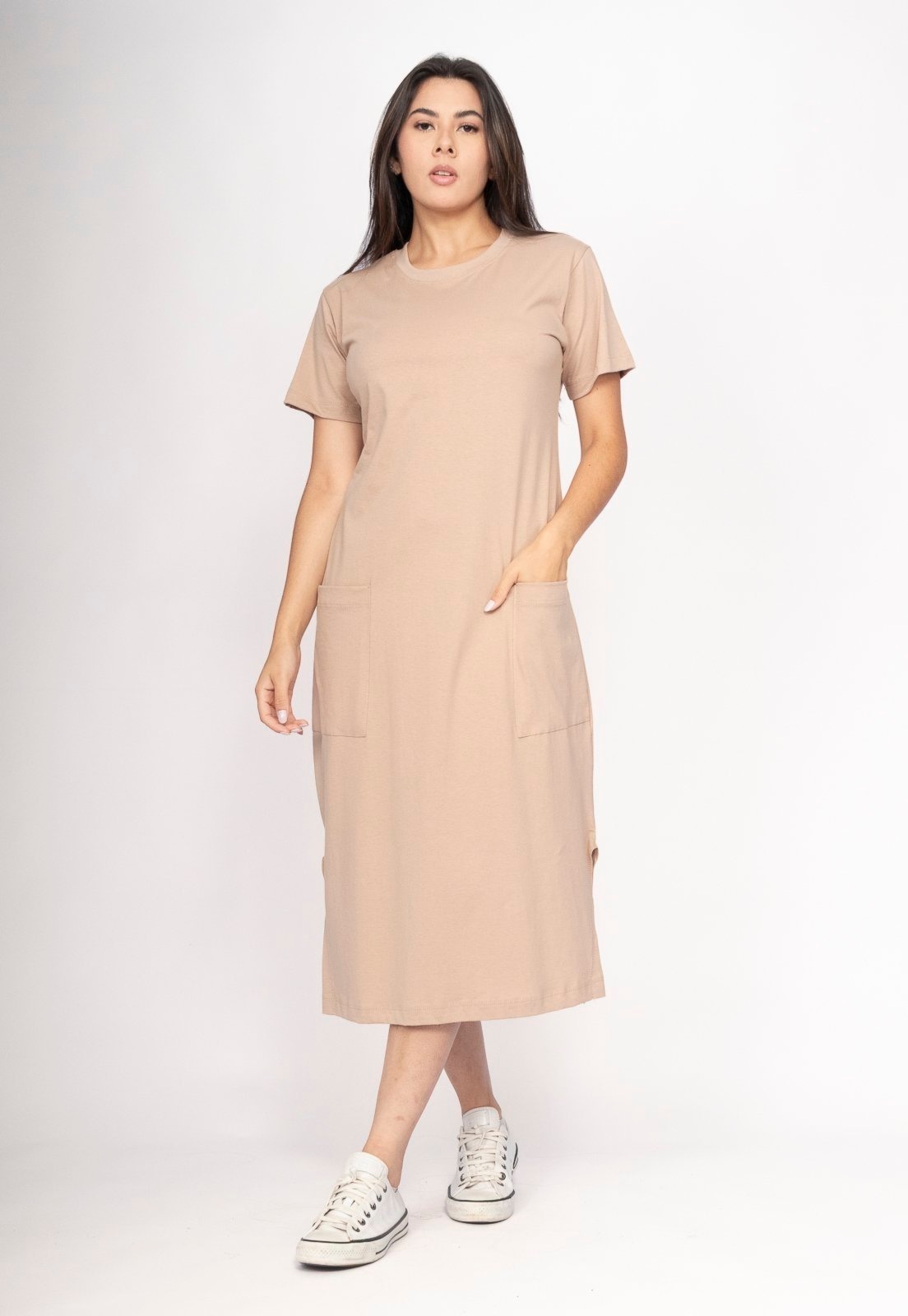 Imagem principal Vestido CabanaFree Midi Algodão Manga Curta 02 Bolsos Areia Serena Cabanafree bege