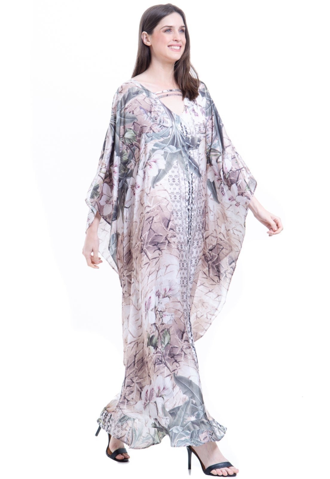 Imagem principal Vestido Kaftan Longo Cetim Estampado EXCLUSIVO Textura Animal Print 101 Resort Wear marrom
