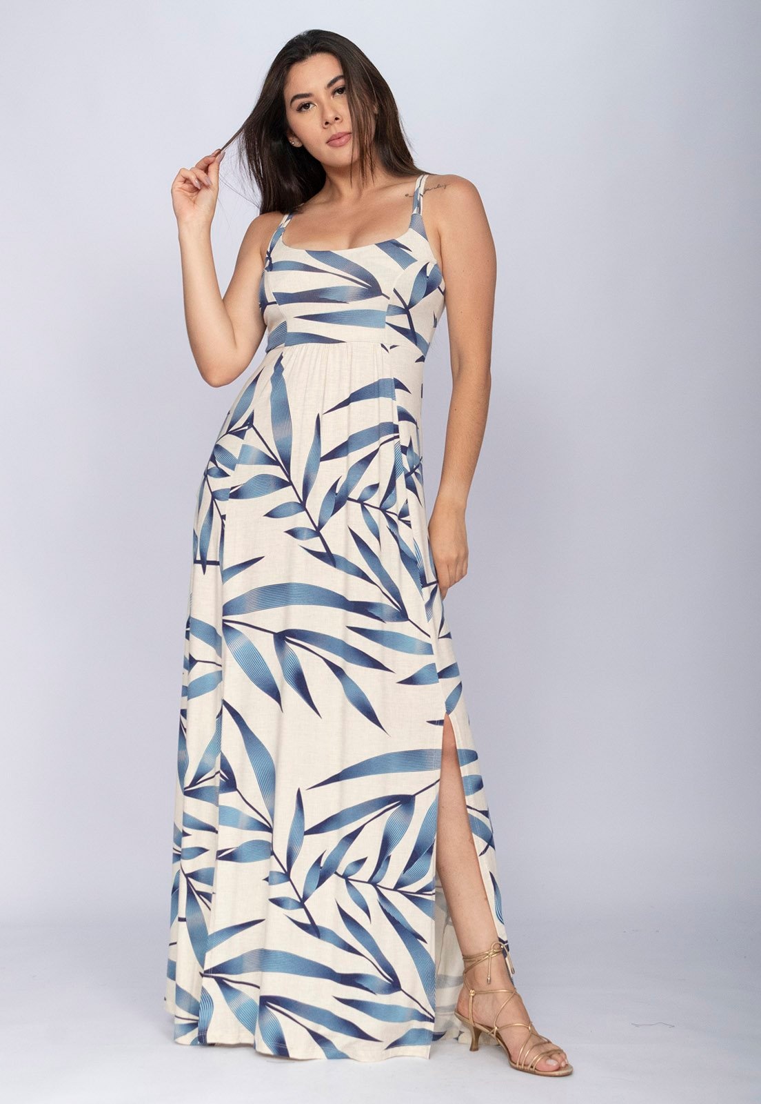 Imagem principal Vestido CabanaFree Longo Jambo Malha Aberturas Bambu Cabanafree azul/estampado azul