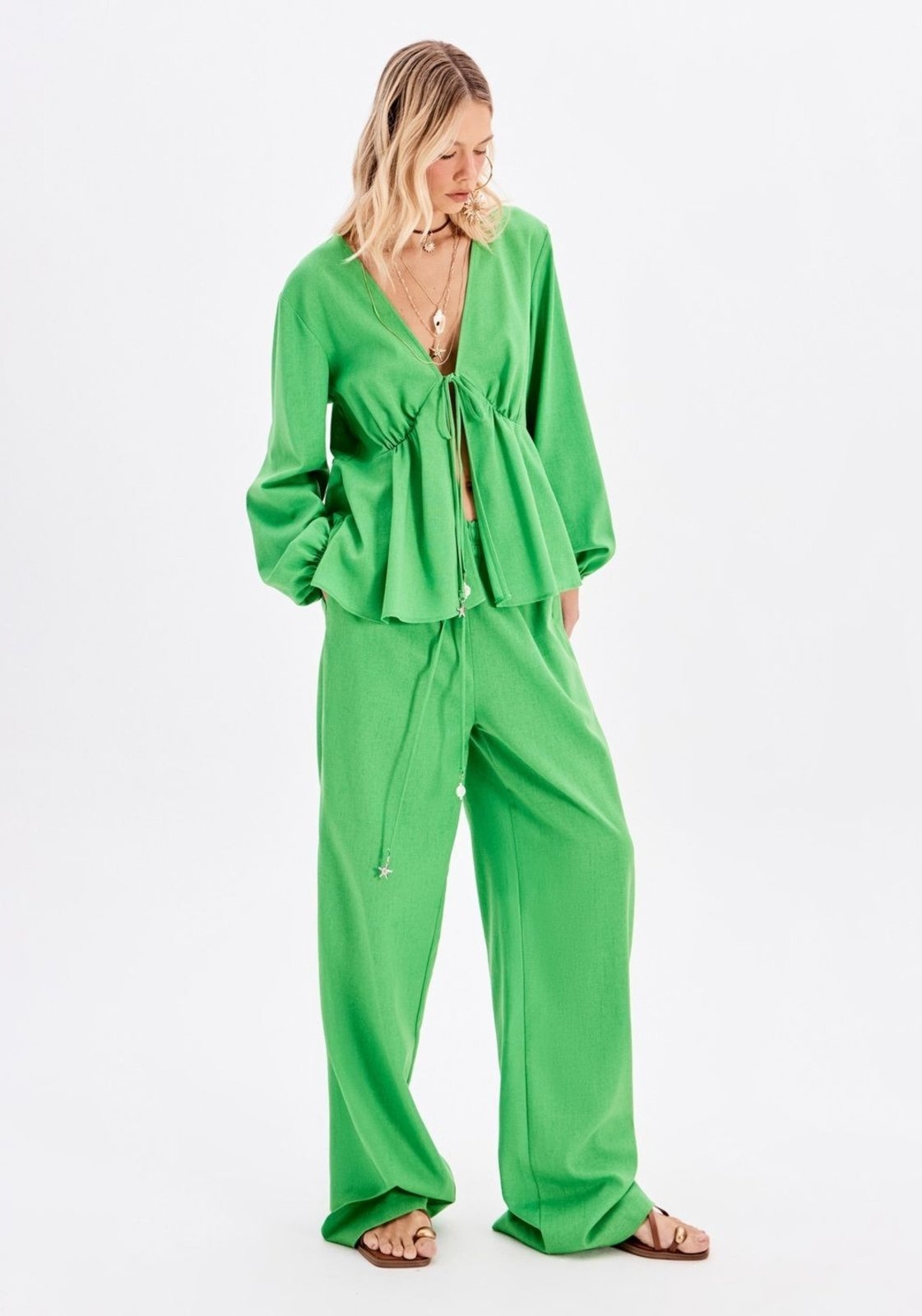 Imagem principal Calça Full Length Cós De Elástico Com Linho My Favorite Things verde