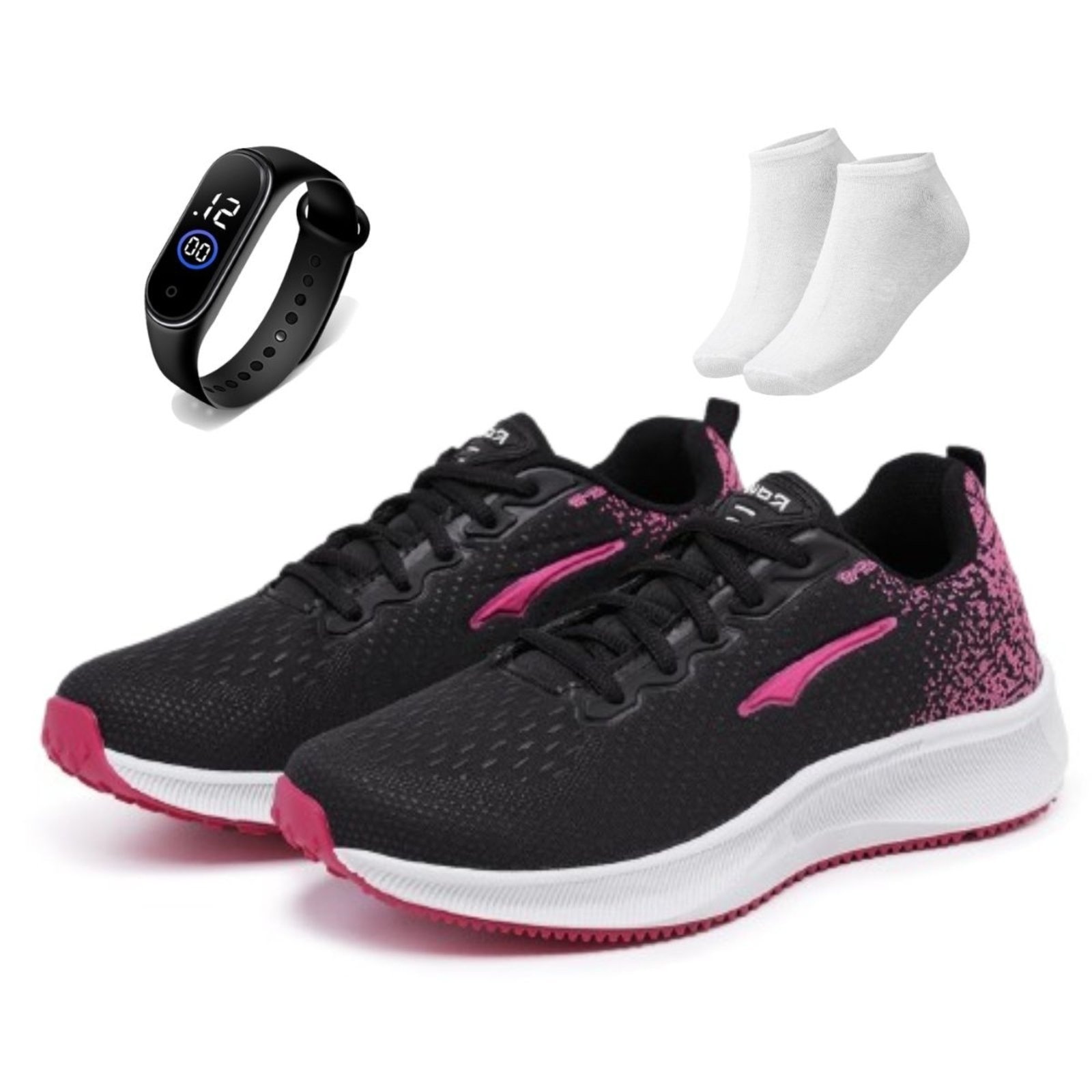 Imagem principal Kit Tênis Casual Feminino Esportivo Ortopédico Macio Para Academia Treino Preto + Meia e Relógio Bia Ramos pink/preto pink