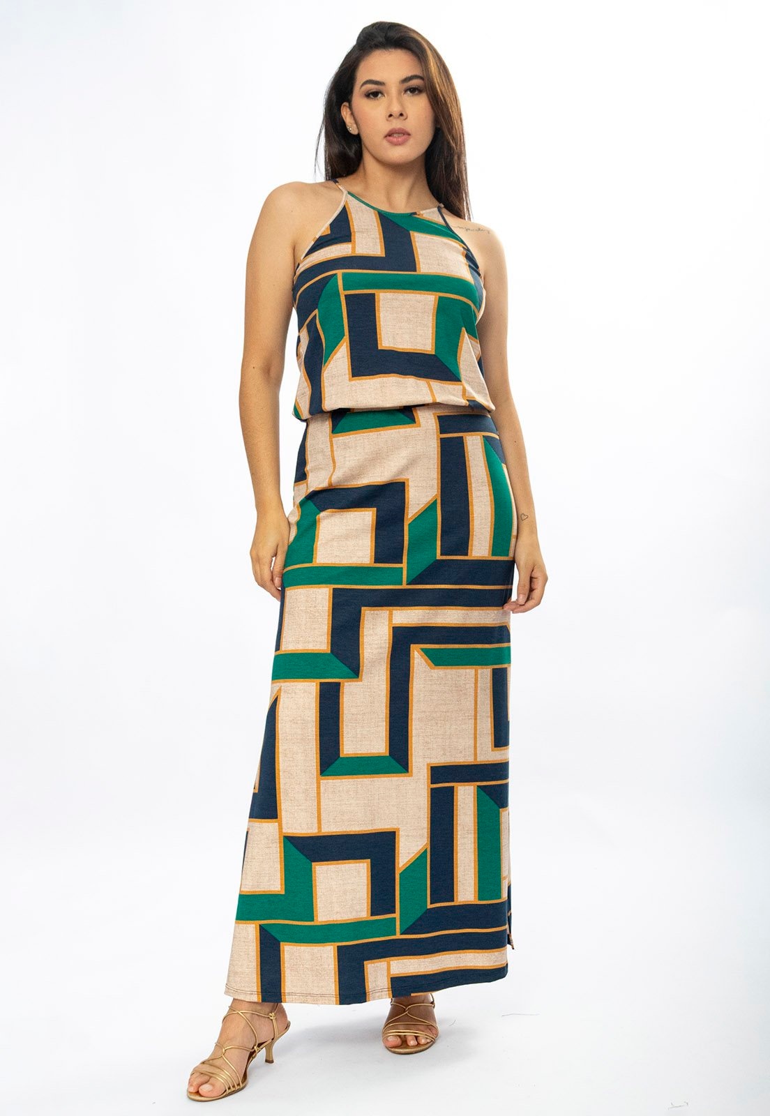 Imagem principal Vestido Longo Cabanafree Malha Trapézio com Elástico na Cintura Chapada de Areia Cabanafree azul/bege/estampado