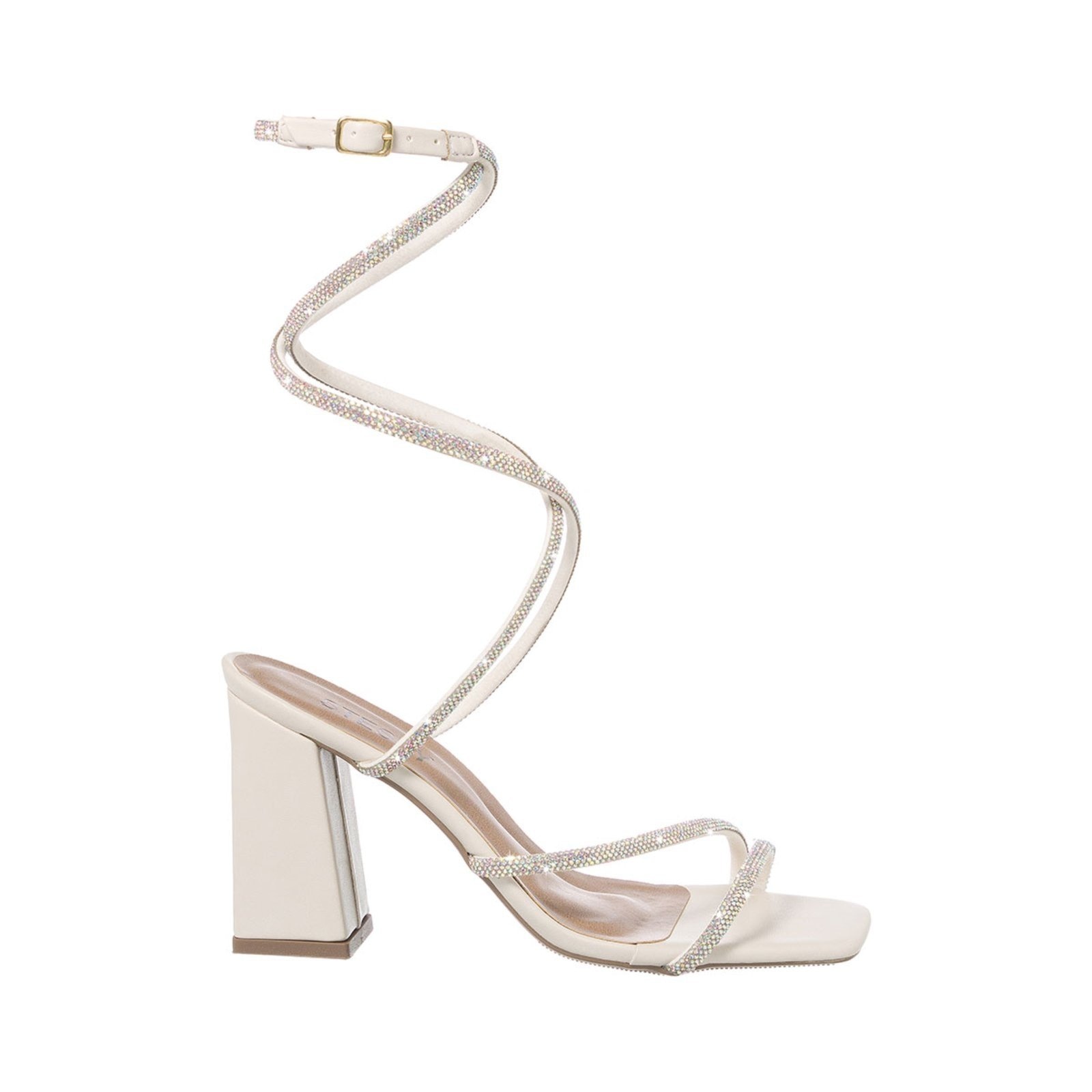 Imagem principal Sandália Feminina Salto Bloco Alto Amarração Brilho Strass Off White Stessy Shoes preto white