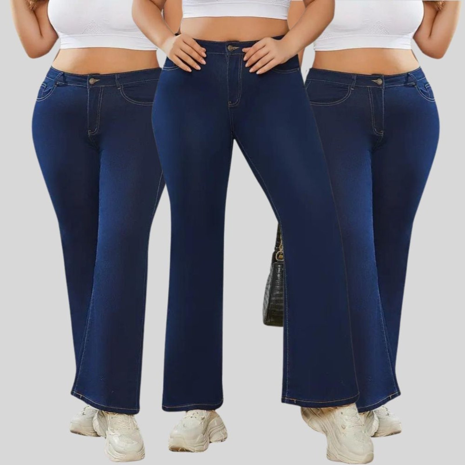 Imagem principal Kit 3 Calça Flare Plus Size Jeans Feminina Tex JEans Boca de Sino Cintura Alta Modeladora com Elastano Escuro TEX JEANS azul
