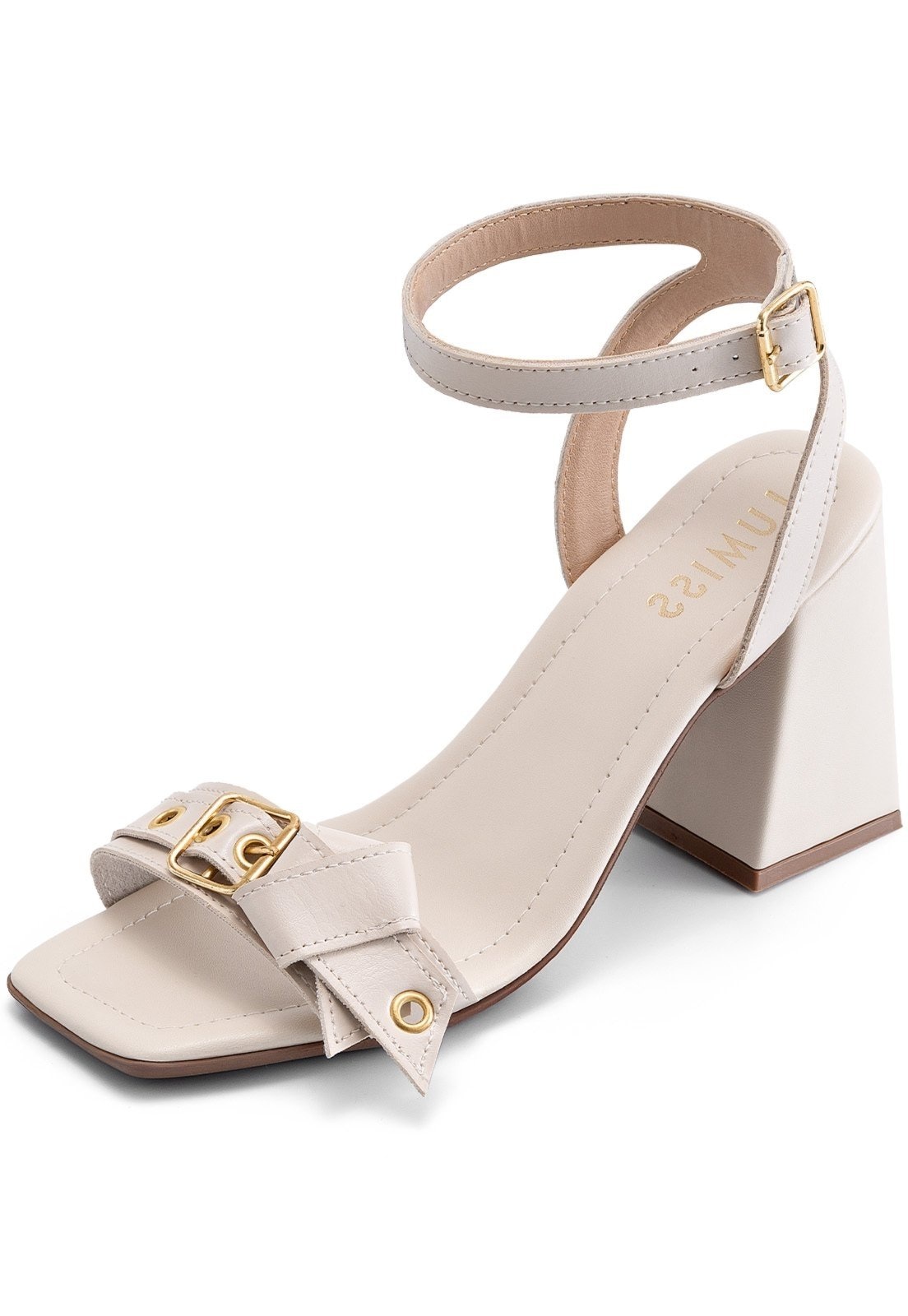 Imagem principal Sandália Feminina Lumiss Salto Alto Bloco Bico Quadrado Fivela Ilhós Metal Off White LUMISS off-white white