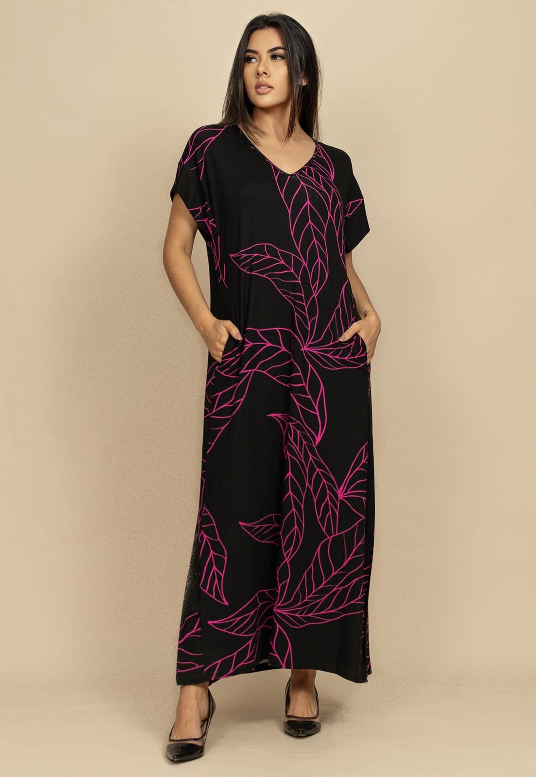 Imagem principal Vestido Nheengatu Malha Estampa Antúrios Lilás Cabanafree estampado/multicolorido/preto