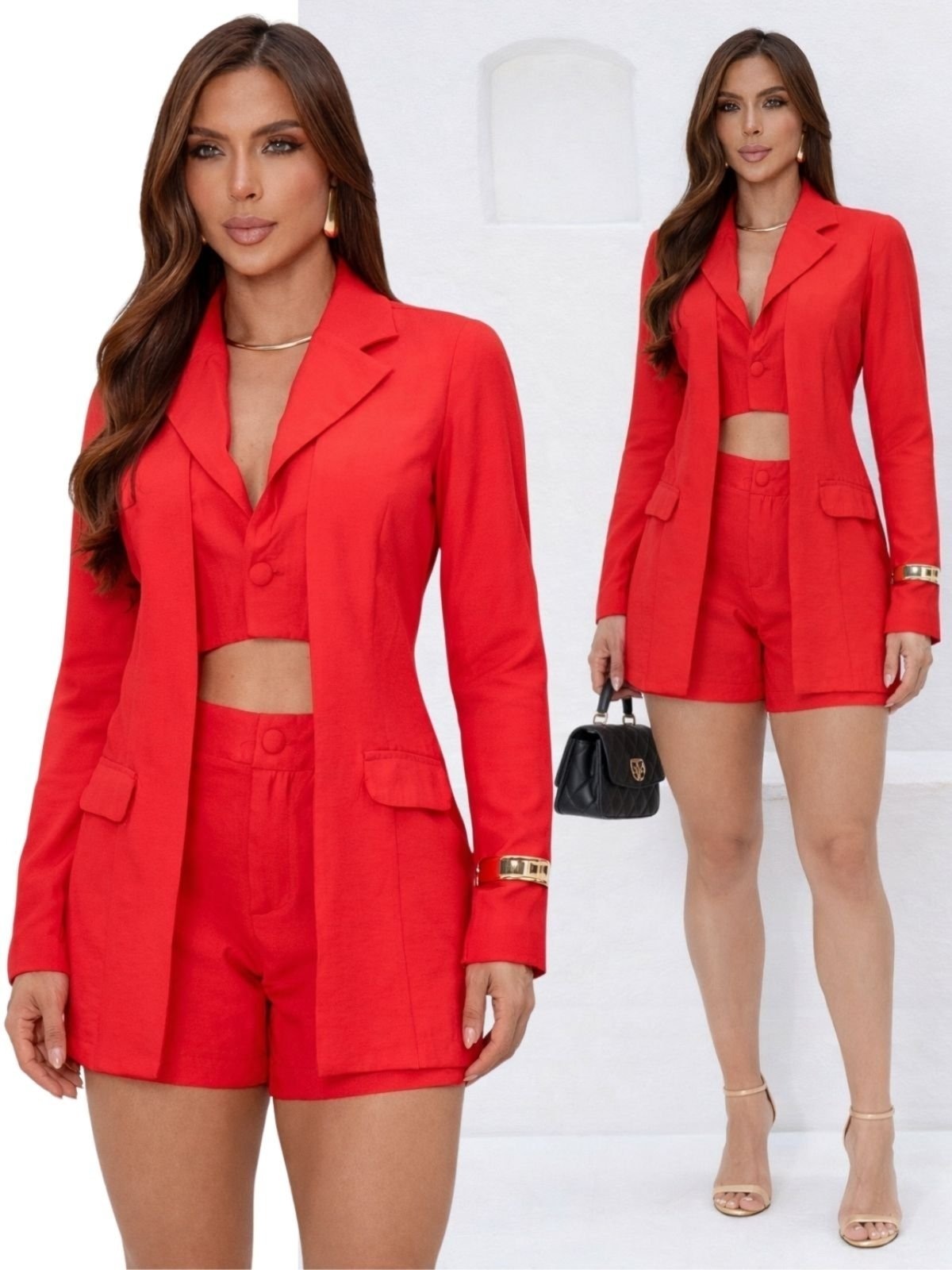 Imagem principal Conjunto Feminino Blazer Colete Duplo Shorts Curto Elegante TROPICAL FASHION vermelho