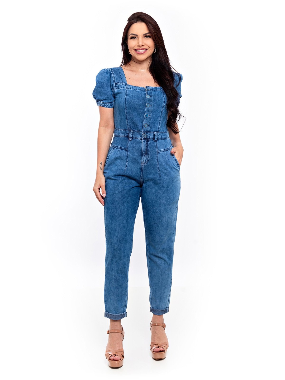 Imagem principal Macacão Slouchy Restrito Jeans Manga Princesa MÉDIO Restrito Jeans azul