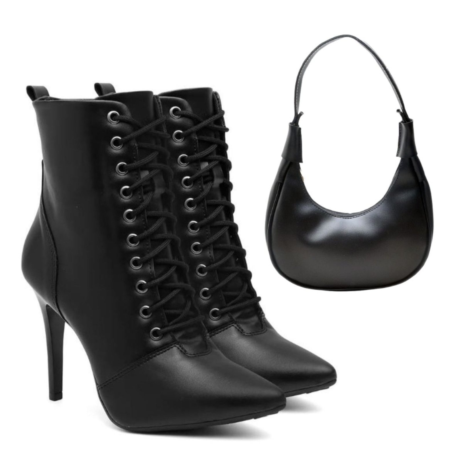 Imagem principal Kit Bota Feminina Cano Médio Anna Andrade Bico Fino Salto Alto Amarrar Moda e Bolsa Anna Andrade preto