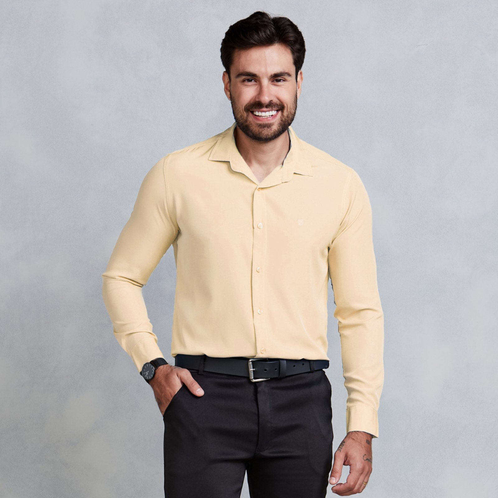 Imagem principal Camisa Social Masculina Daze Modas Manga Longa Bege Daze Modas marrom