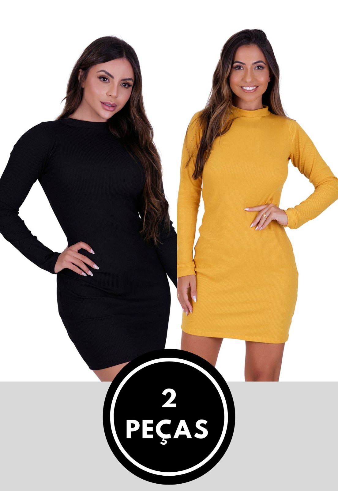Imagem principal Kit 2 Peças Vestido Midi Malha Canelada Amarelo e Manga Longa St Madame Toda Casual preto