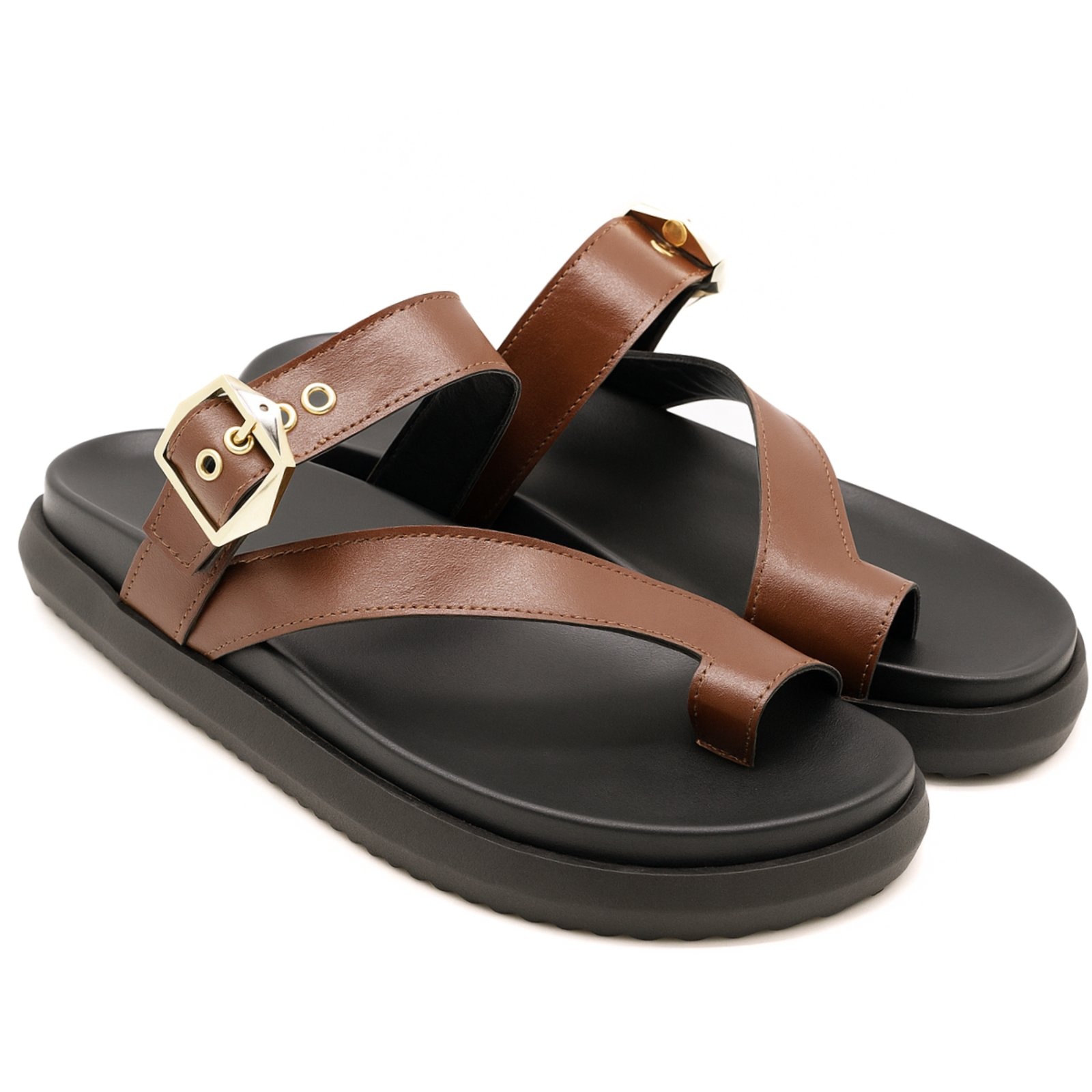 Imagem principal Papete Flatform Sandália Feminina Confortável Sola Preta Tira Cacau 007 Flor da Pele marrom