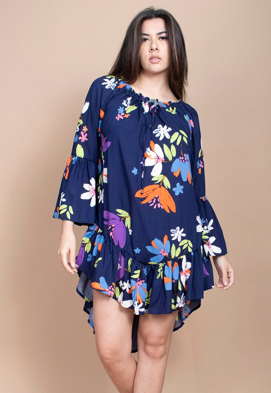 Imagem principal Vestido Curto Cabanafree Viscose Com Babados Estampa Festa das Flores Azul Cabanafree estampado/laranja/roxo azul