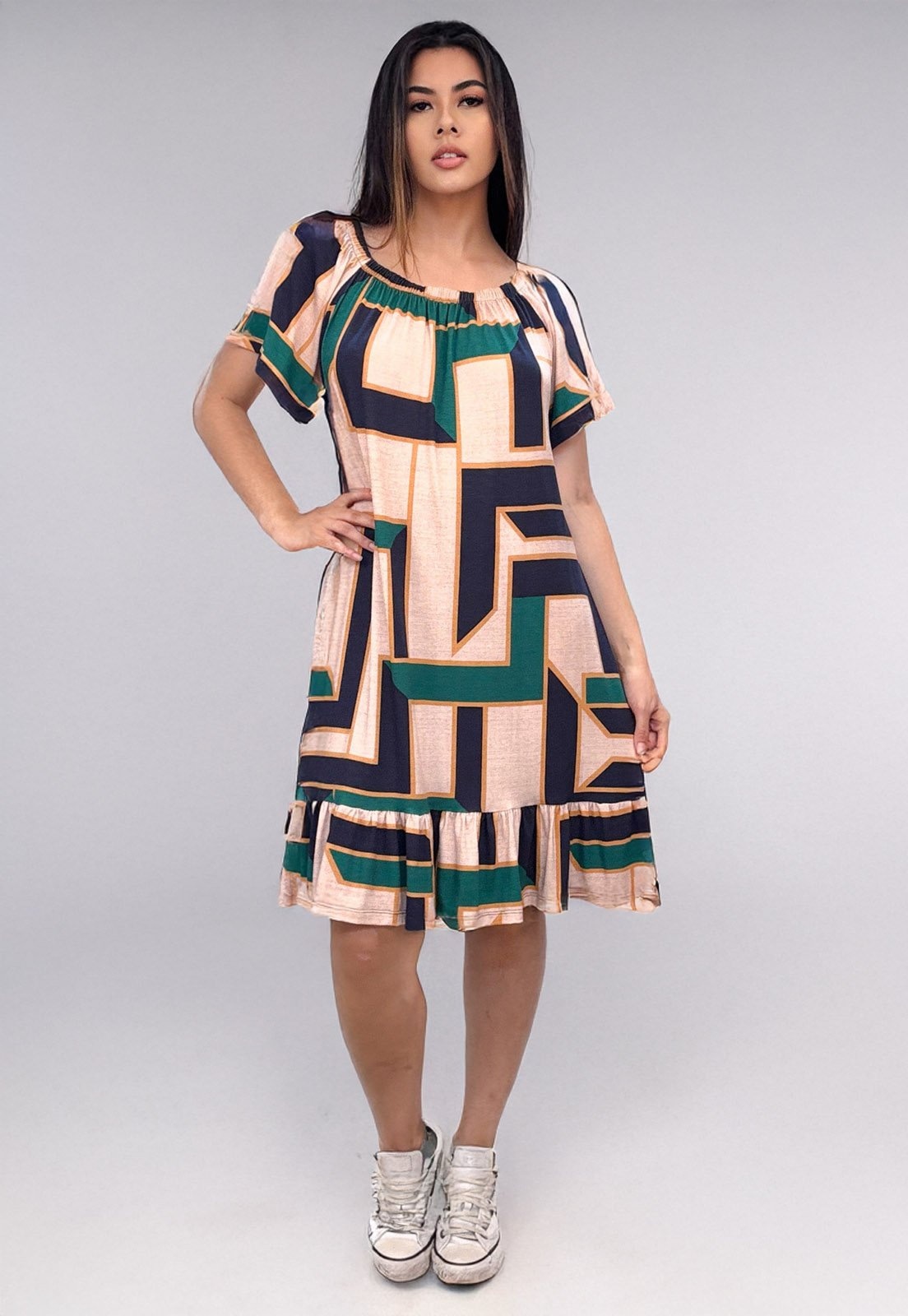 Imagem principal Vestido Curto Cabanafree Malha Mullet Ombro a Ombro Amplo Estampa Chapada de Areia Cabanafree amarelo/azul marinho/verde