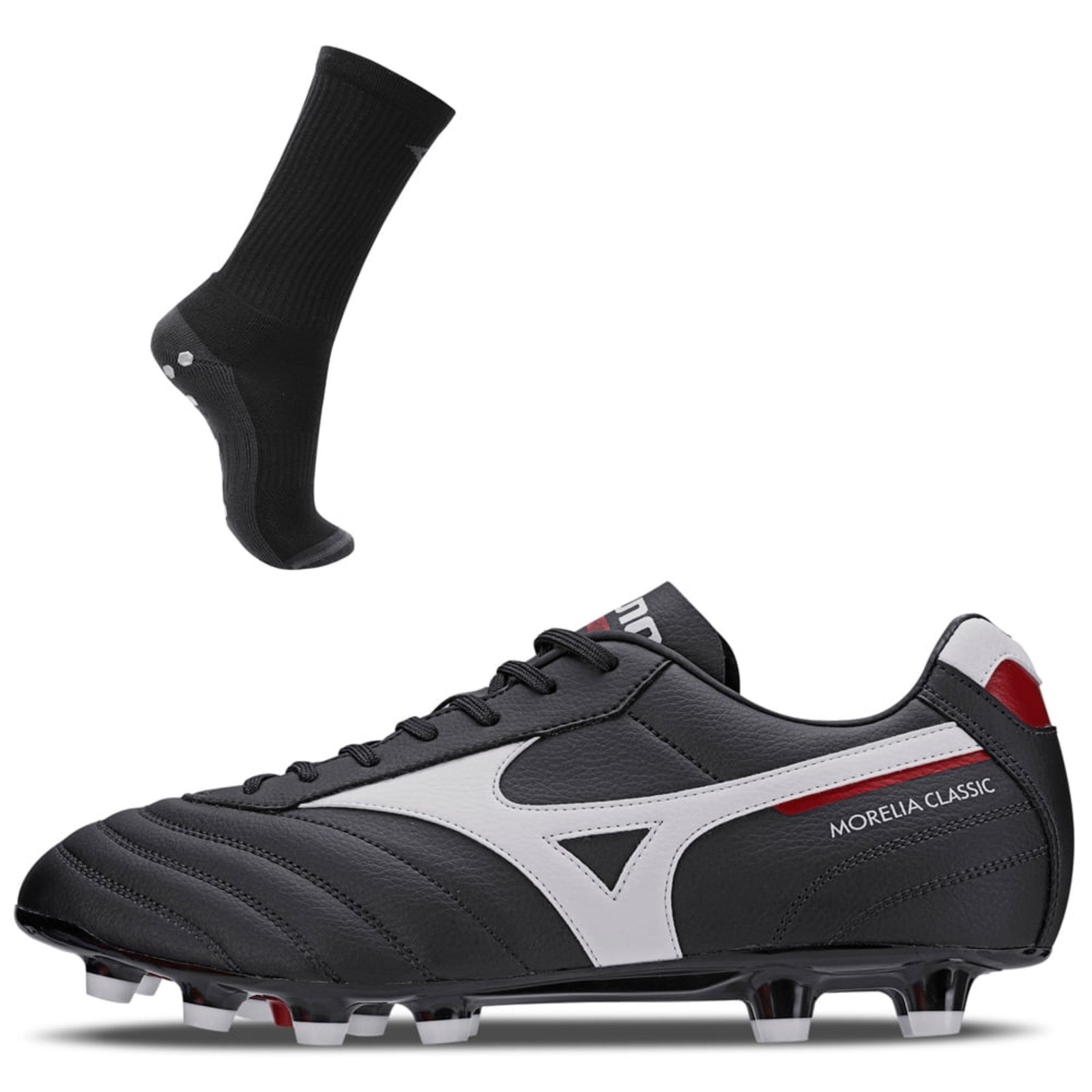 Imagem principal Kit 1 Chuteira Campo Masculina Mizuno Morelia Classic MD e 1 Meia Antiderrapante Cano Médio Mizuno preto