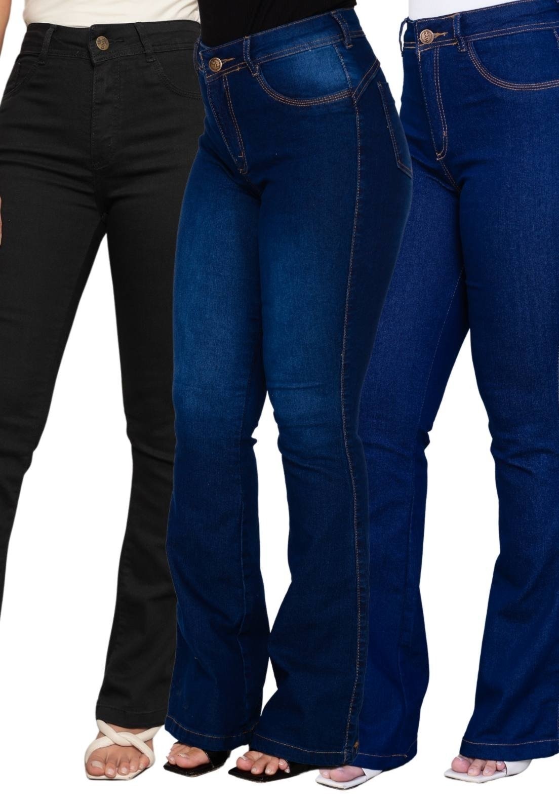 Imagem principal KIT 3 Calça Flare Feminina Mys Jeans Cintura Alta Preto e Manchado Ethereal Jeans azul/preto azul