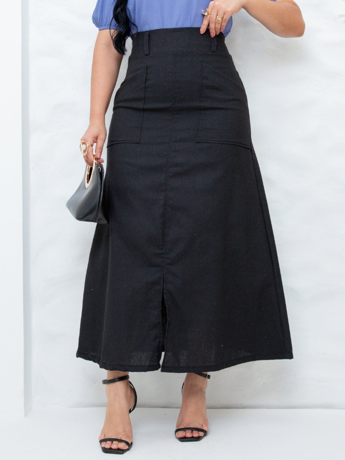 Imagem principal Saia Midi Social de Linho Básica Lisa com Bolso Fenda Elegante Soltinha Sarah Cristina Brand preto