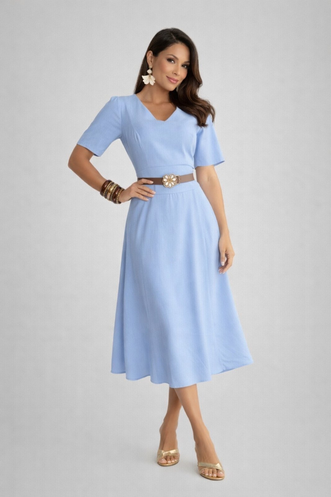 Imagem principal Vestido Midi D Bell Outlet Fashion Gola V com Cinto Azul D BELL OUTLET FASHION azul marinho