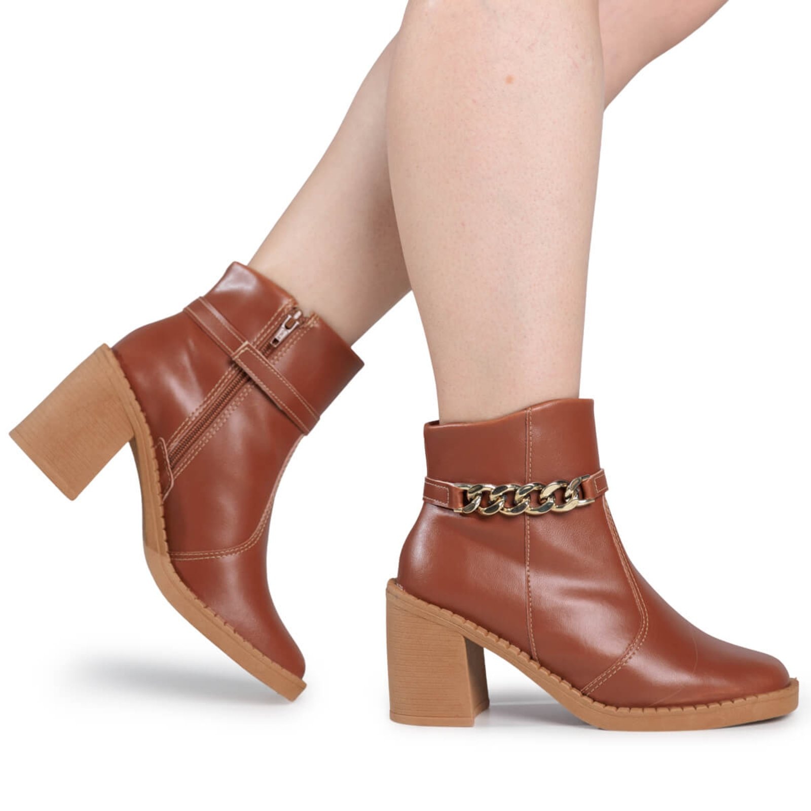 Imagem principal Bota Feminina Salto Médio Grosso Cano Baixo Ankle Boot Corrente Via Angel 8004 VIA ANGEL caramelo