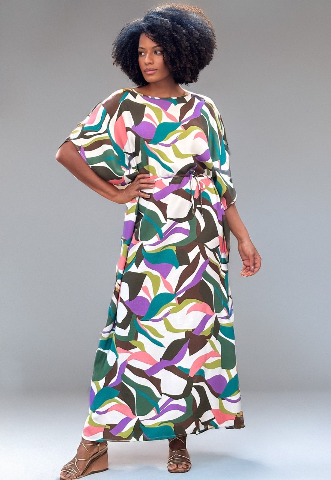 Imagem principal Vestido Amazonia Vital Kaftan Viscose Longo Estampa Encanto Botânico Amazonia Vital branco/estampado/verde