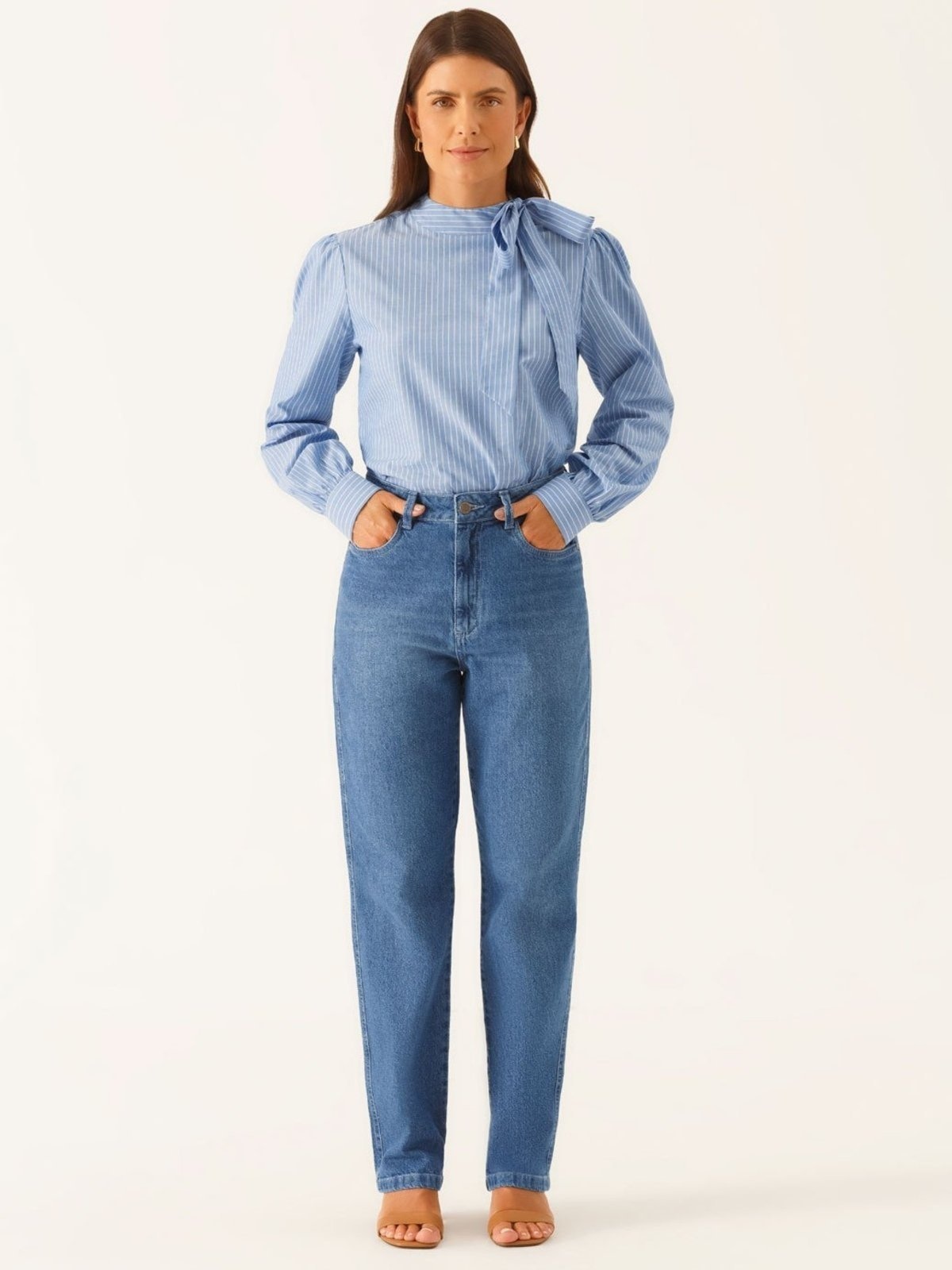 Imagem principal Calça Jeans Reta Regular Azul Médio Vivara Principessa amarelo/azul azul